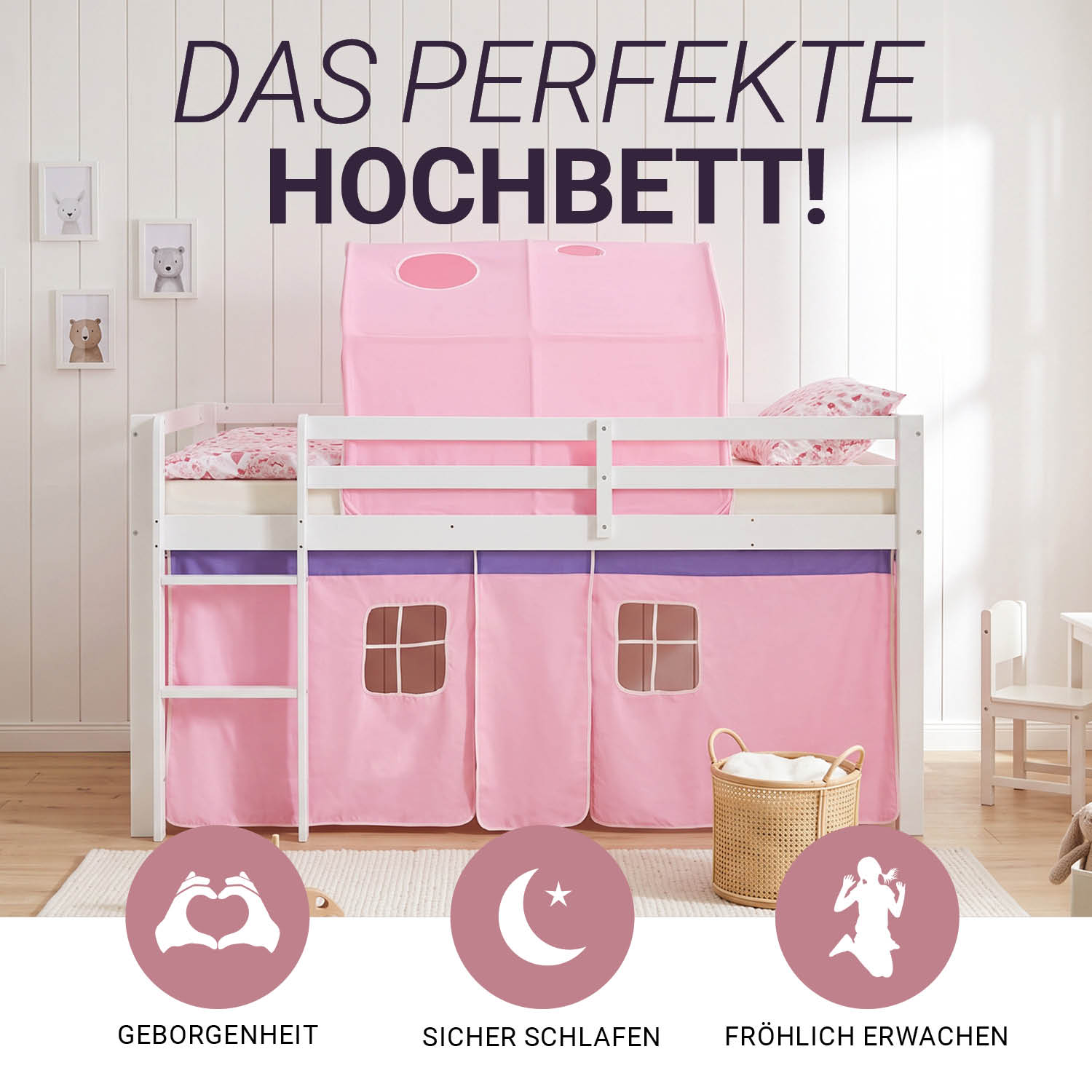 Children's Loft Bed 90x200 cm White with Pink Curtain | Tunnel | Without Slatted Base