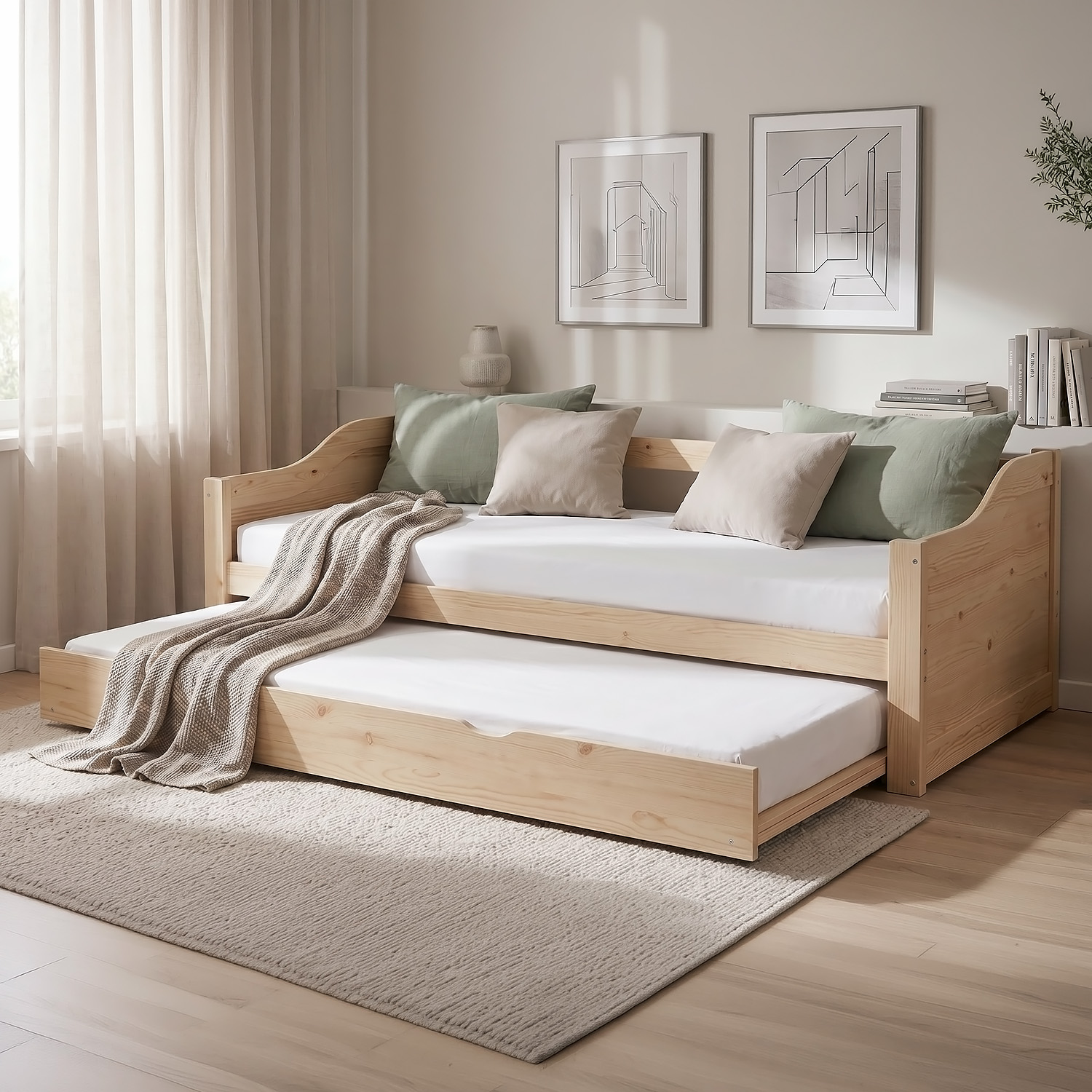 Wood Bed 90x200 cm Natural | Extendable | Cabin Bed | with Mattress | Kids Youth Guest Bedroom