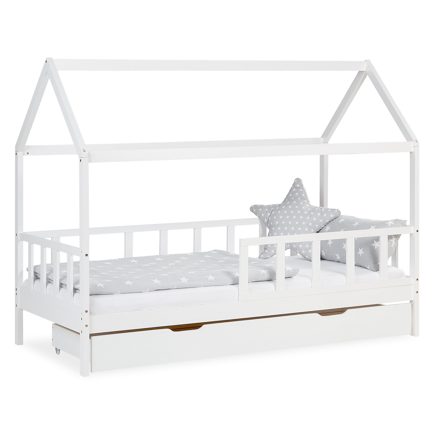 Children's Bed 90x200 cm White | House Bed with Fall Protection and Bed Drawer | Montessori | Single Bed | with Slatted Frame | Wood