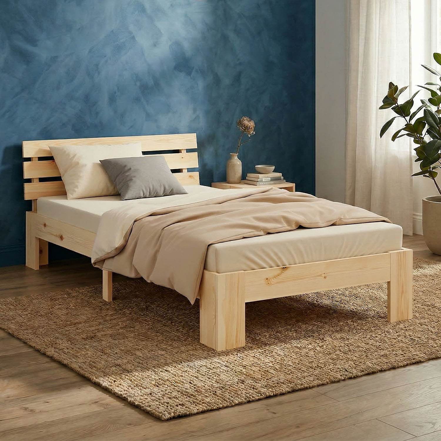 Wood Bed 90x200 cm Natural | Single Bed | with Mattress | Solid | Kids Youth Guest Bedroom