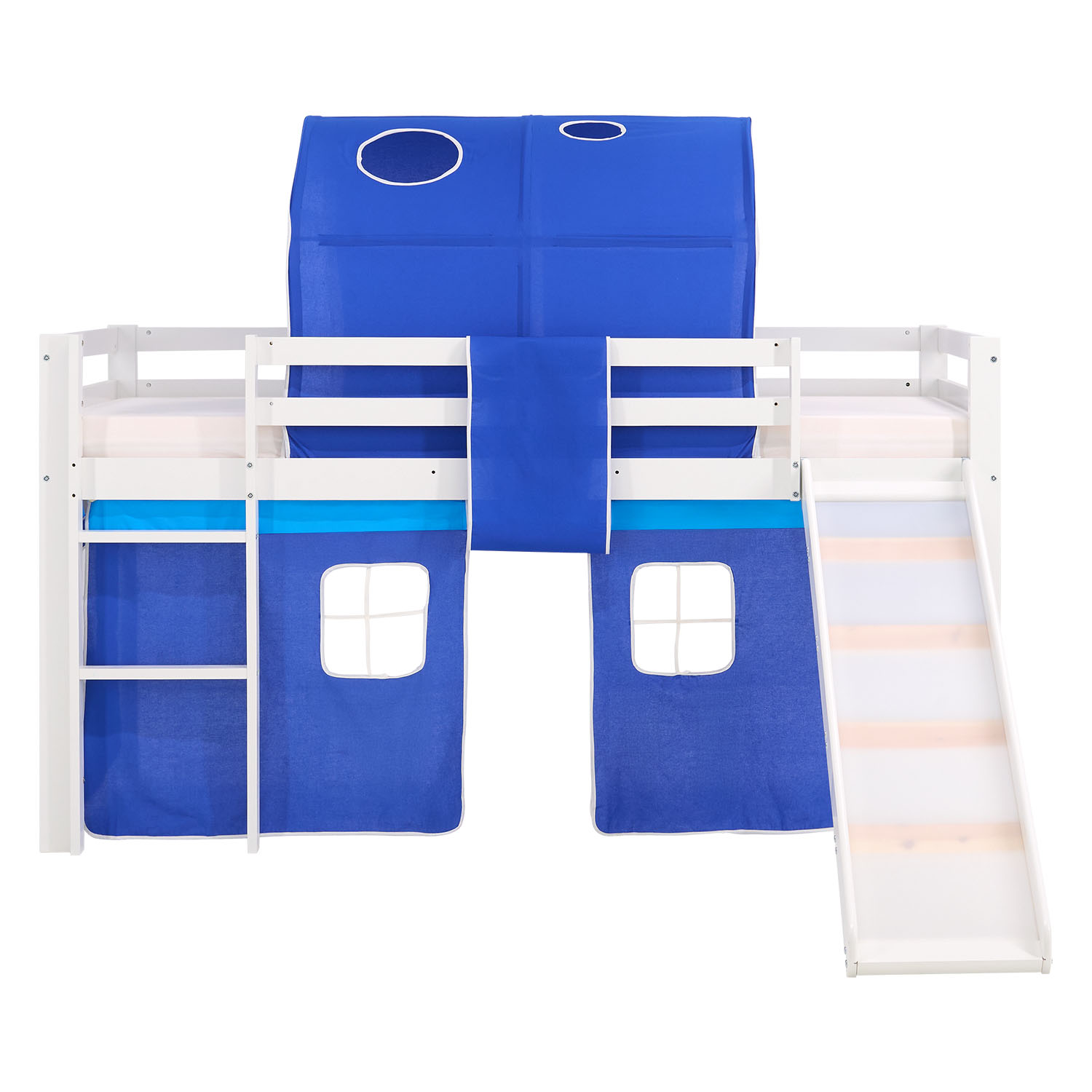 Children's Loft Bed 90x200 cm White with Blue Curtain | Slide | Tunnel | Includes Slatted Base | Includes Mattress