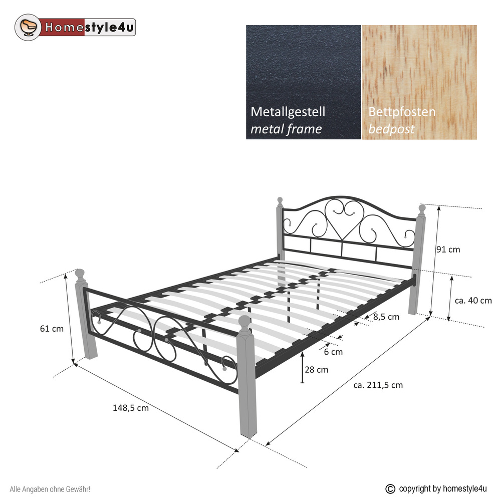 Metal Bed 160x200 Black Daybed Double Bed Youth Bed with Slatted Frame