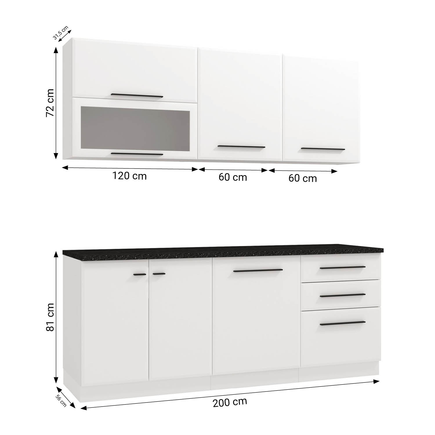 200 cm White Kitchen Unit – Modern Kitchen Unit Without Appliances, Featuring Storage Space