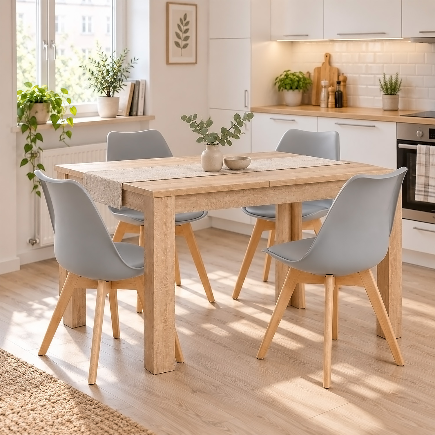 Dining Set (5-Piece): 120x80 cm oak extendable dining table with 4 grey plastic chairs and wooden legs