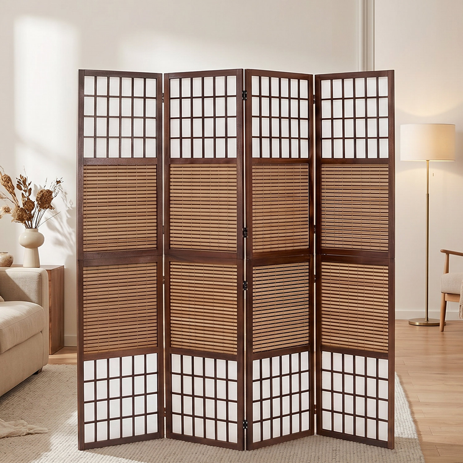Brown Bamboo & Shoji Screen – 4-panel wooden screen