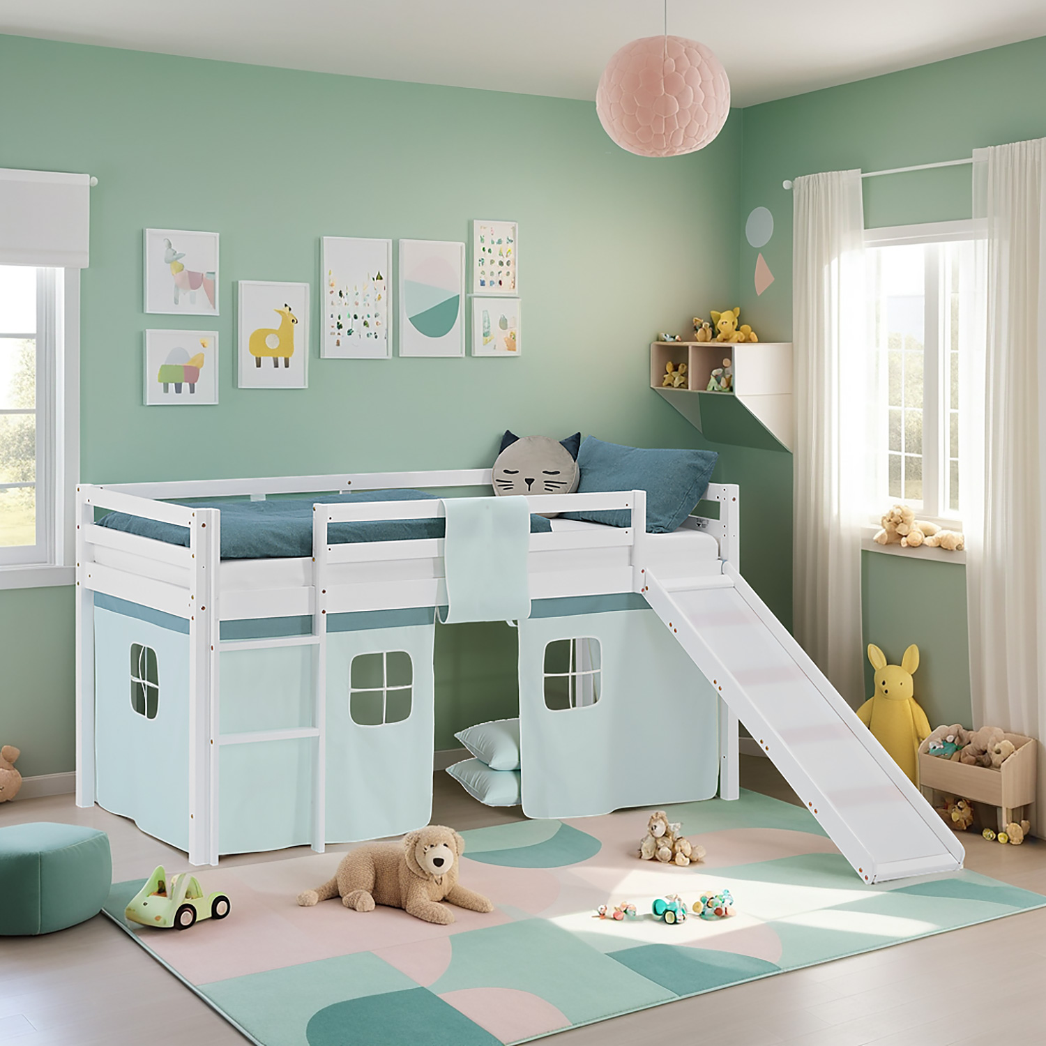Loft Bed for Kids 90x200 cm White with Curtain in Mint Green | Slide | with Slatted Frame and Mattress