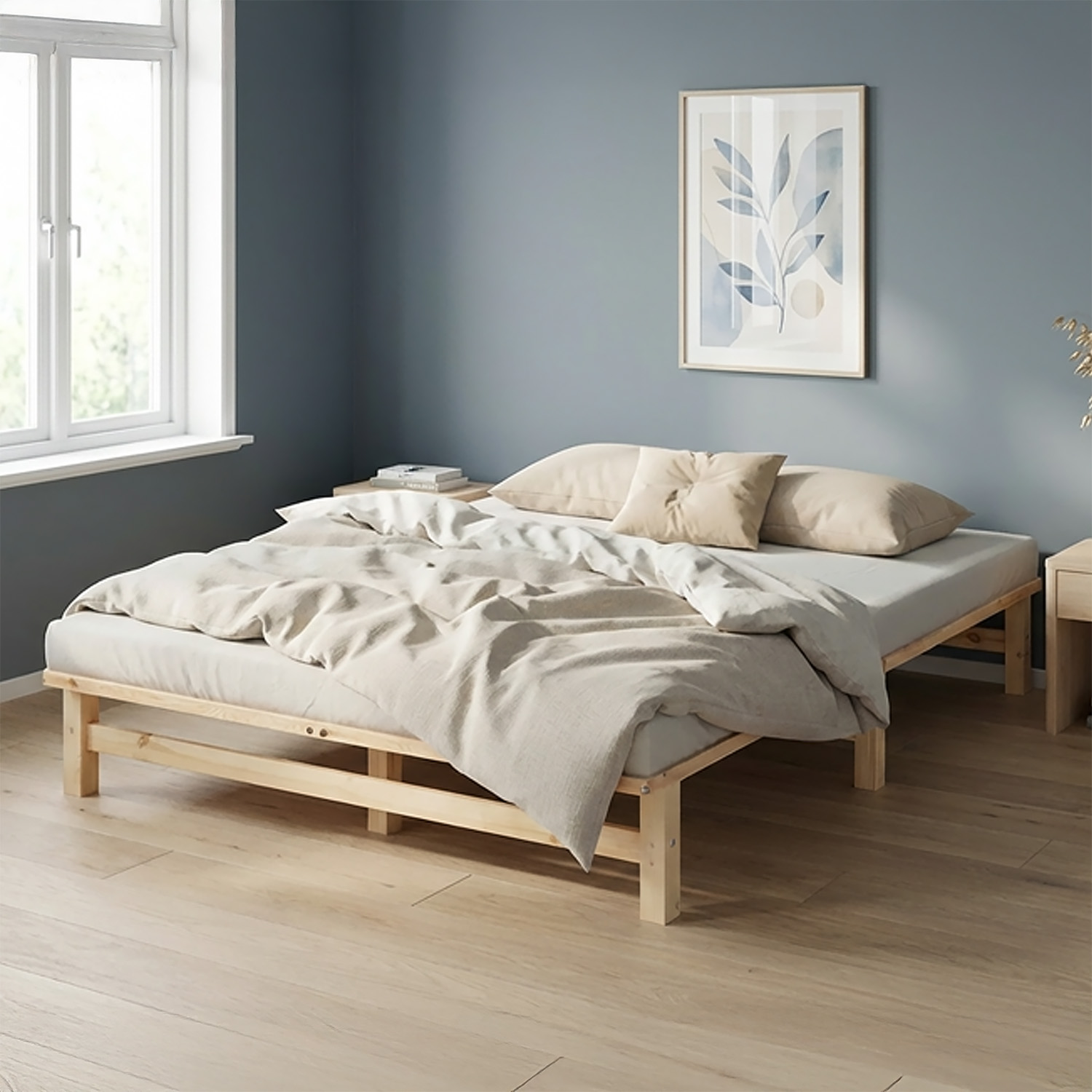 160x200 cm Natural Pallet Bed – Wooden Double Bed with 2 Mattress & Slatted Base for Teen Rooms, Guest Rooms, and Bedrooms