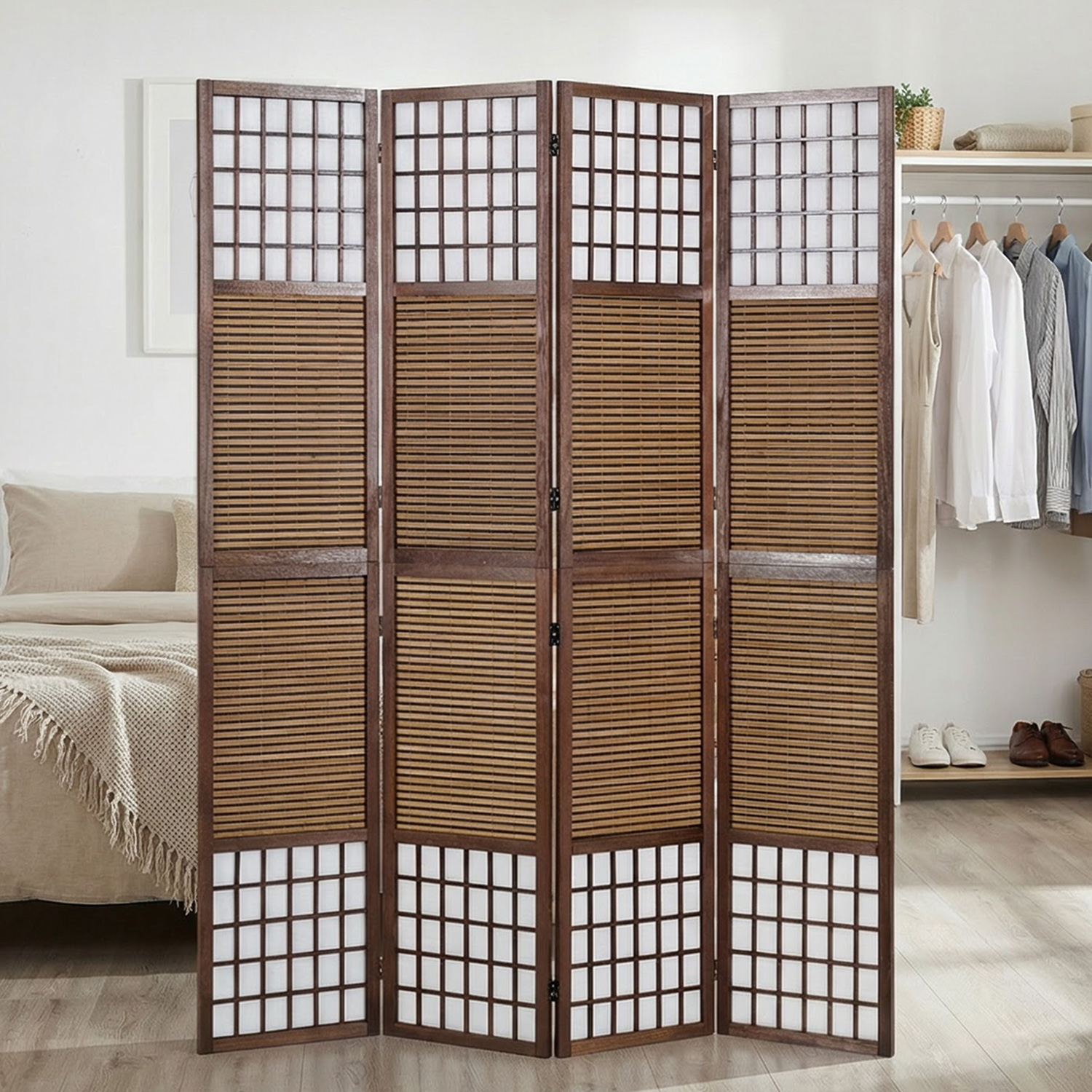 Paravent Brown Bamboo Shoji Rice Paper White Height 200 cm | 4-panel | Wood | Room Divider Partition Privacy Screen