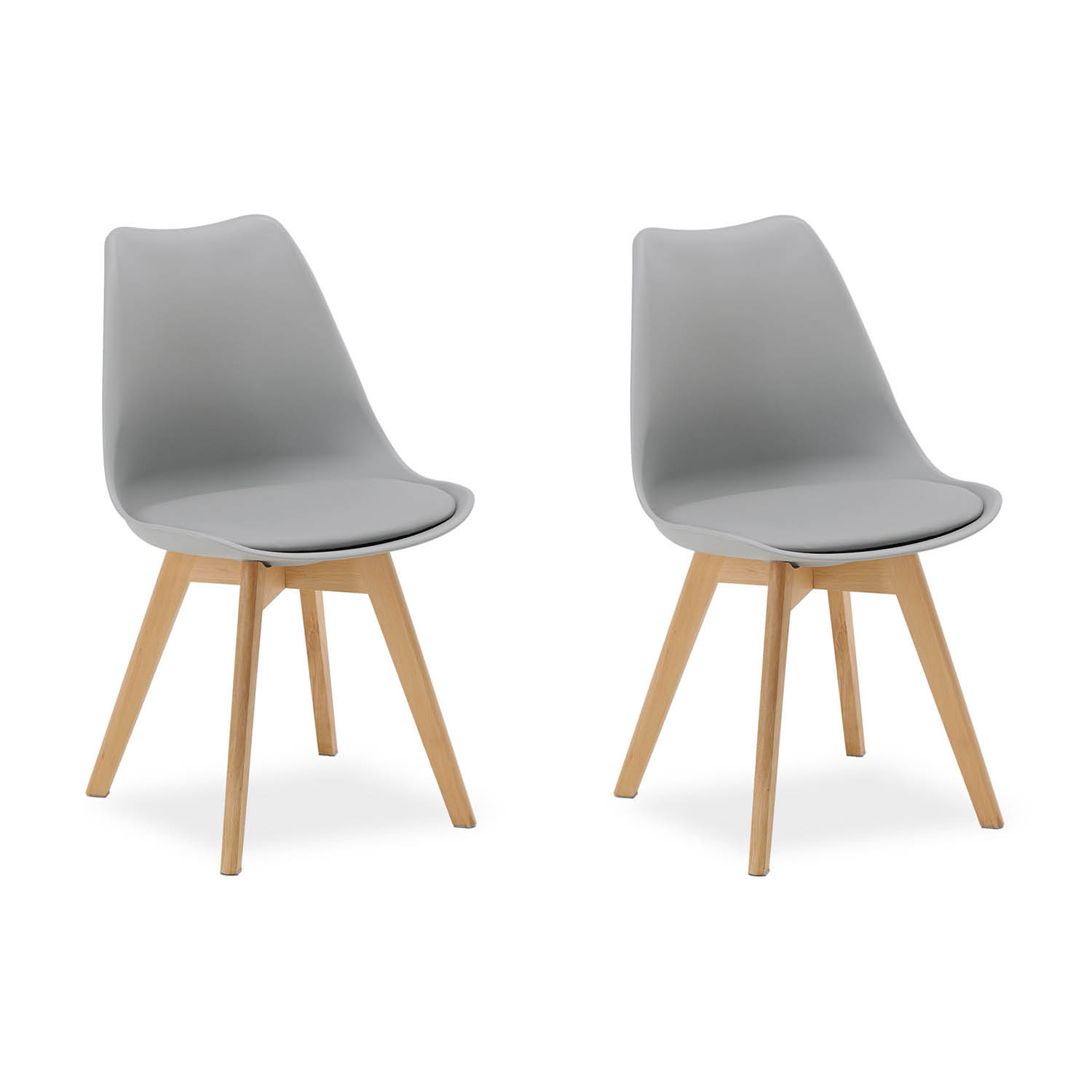 Dining Set (3-Piece): 80x80 cm white dining table with 2 grey plastic chairs and wooden legs