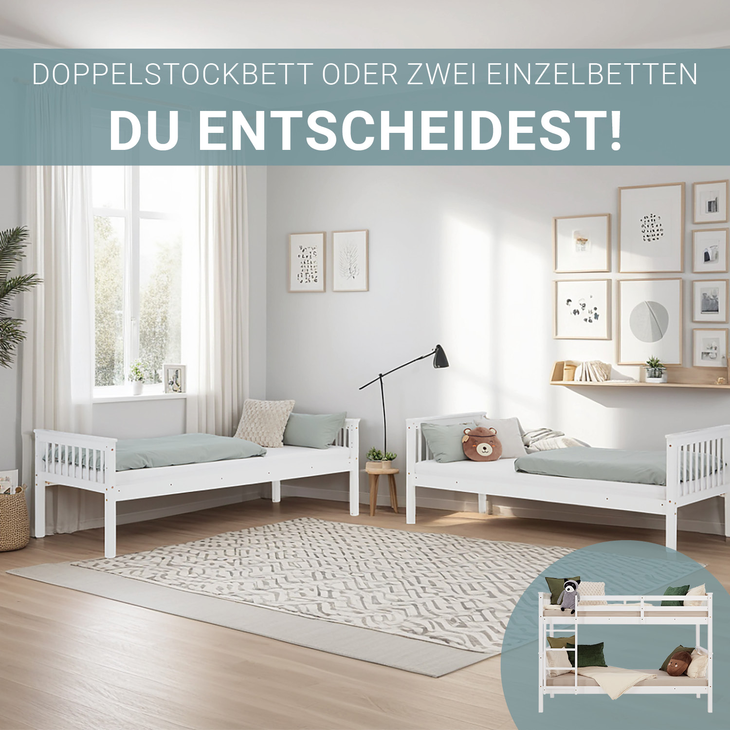 Bunk Bed 90x200 cm White | Kids Bed with Mattress | Fall Protection | Convertible | Massif pine wood