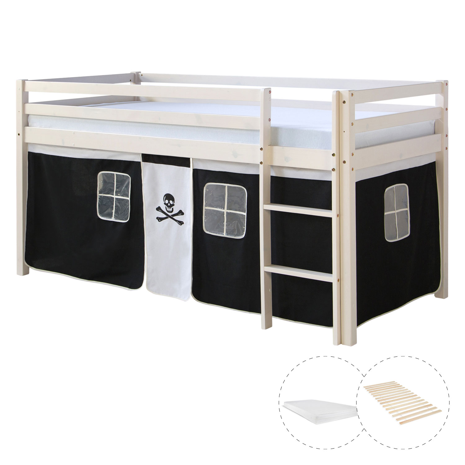 Loftbed 90x200 cm with Mattress Bunk bed Childrens bed Solid Pine Wood Slats Curtain Black Pirate