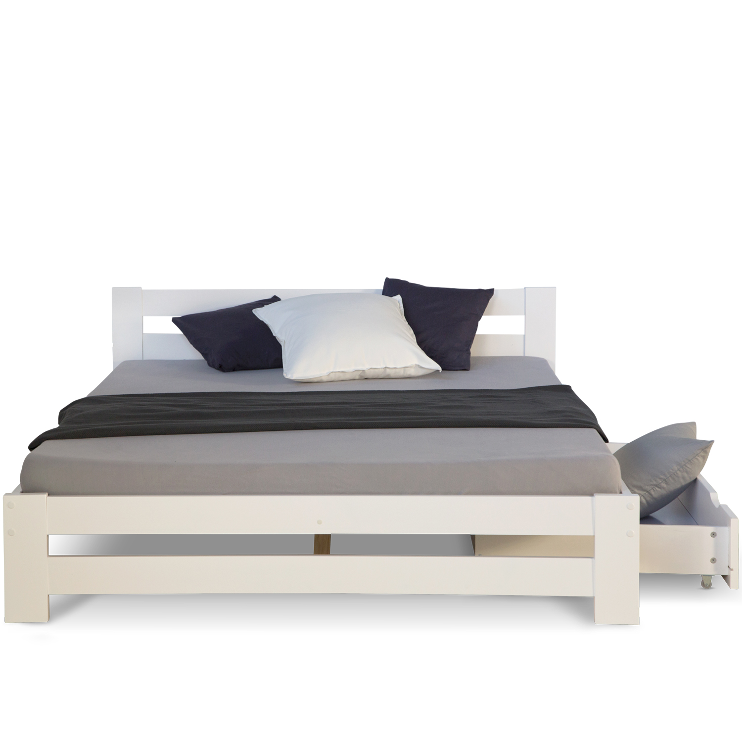 Wooden Bed 140x200 cm White – Solid Wood Double Bed with Storage & Slatted Base