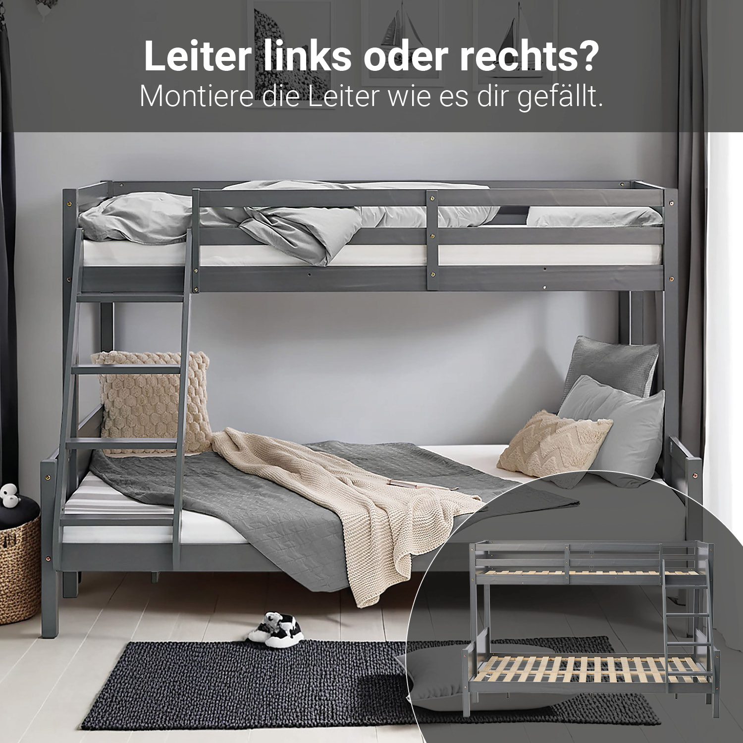 Bunk Bed with 2 Mattresses 90x200 and 140x200 cm Kids Bed Grey Wood Cabin Bed High Sleeper Bed Loft Bed Childrens Bed Twin Bed
