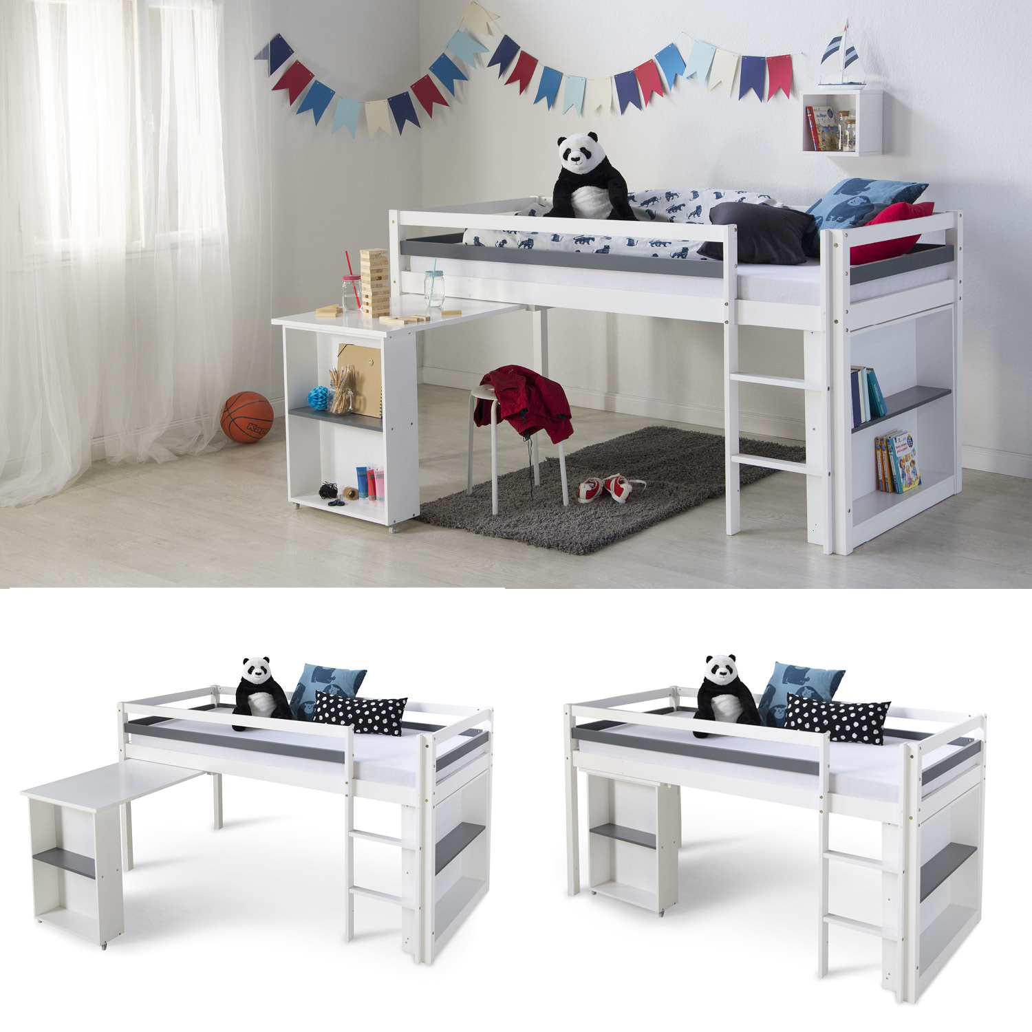 Loft Bed Kids 90x200 cm White with Desk | with Shelf | with Slatted Frame Loft Bed Kids 90x200 cm White with Desk | with Shelf | with Slatted Frame