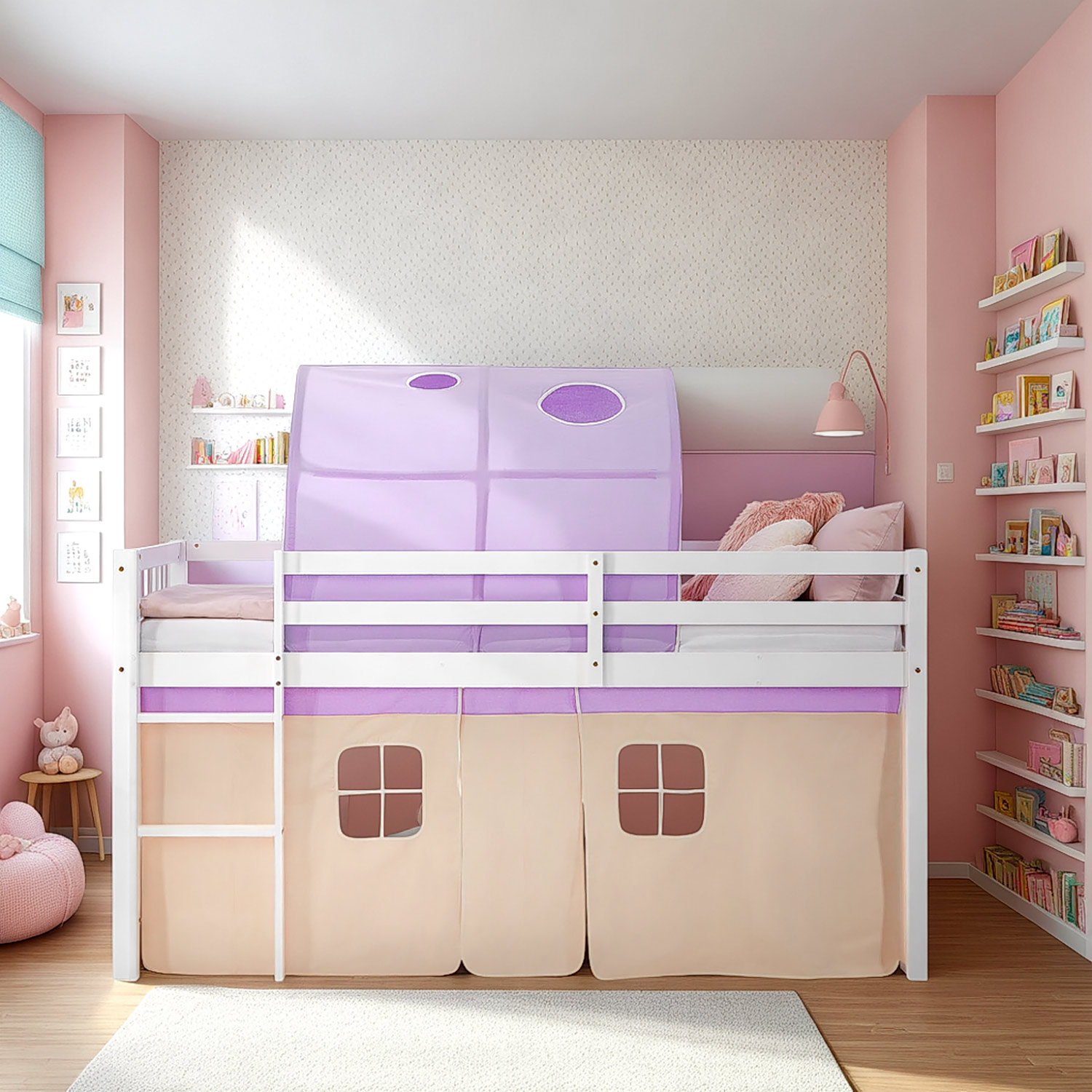 Mid-height children's bed made of solid white wood with purple play tunnel and beige curtains ? adventure loft bed with ladder, perfect for girls' rooms