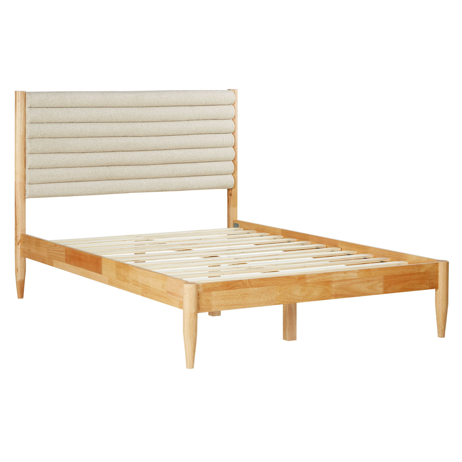 Wooden Bed 140x200 cm, Oak with Upholstered Headboard in Beige Bouclé, Includes Slatted Base & Mattress