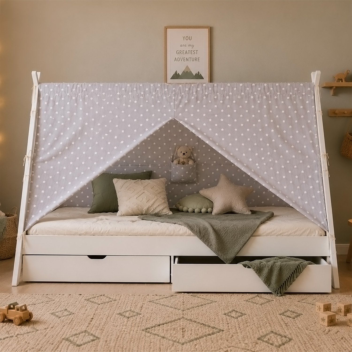 Children's Bed with Mattress House Bed 90x200 cm Bed White Wooden Tent Bed with Drawers
