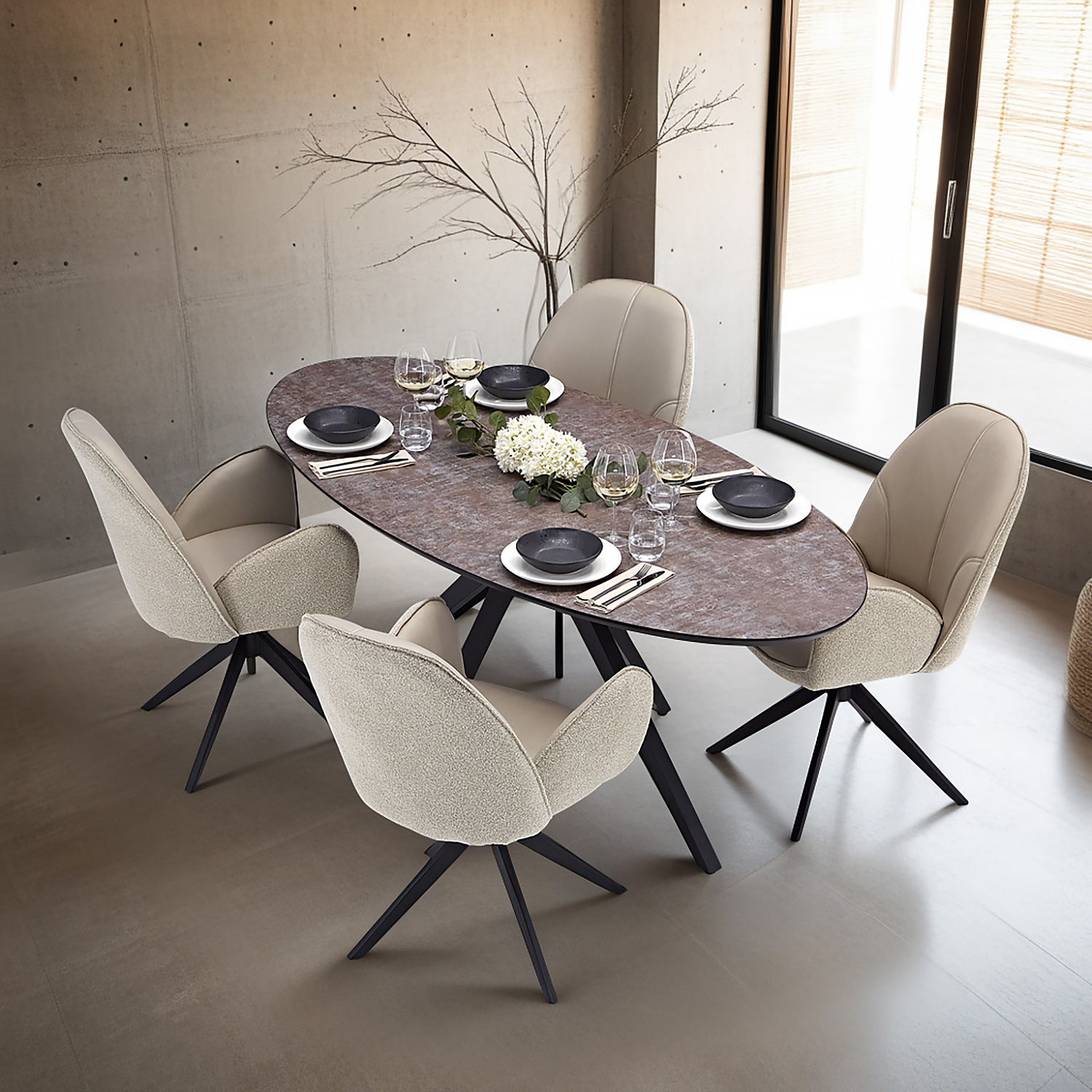 Dining set | 4-piece set upholstered chairs beige bouclé Leder with armrest | swivel | dining table brown metal frame oval 200 cm