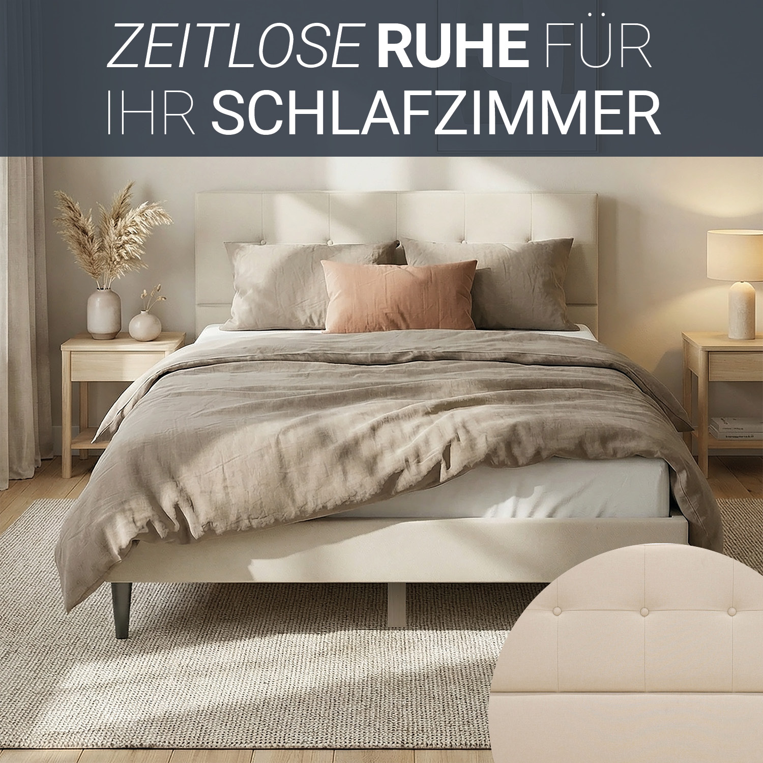 Upholstered bed 140x200 cm beige | with slatted frame | double fabric bed frame