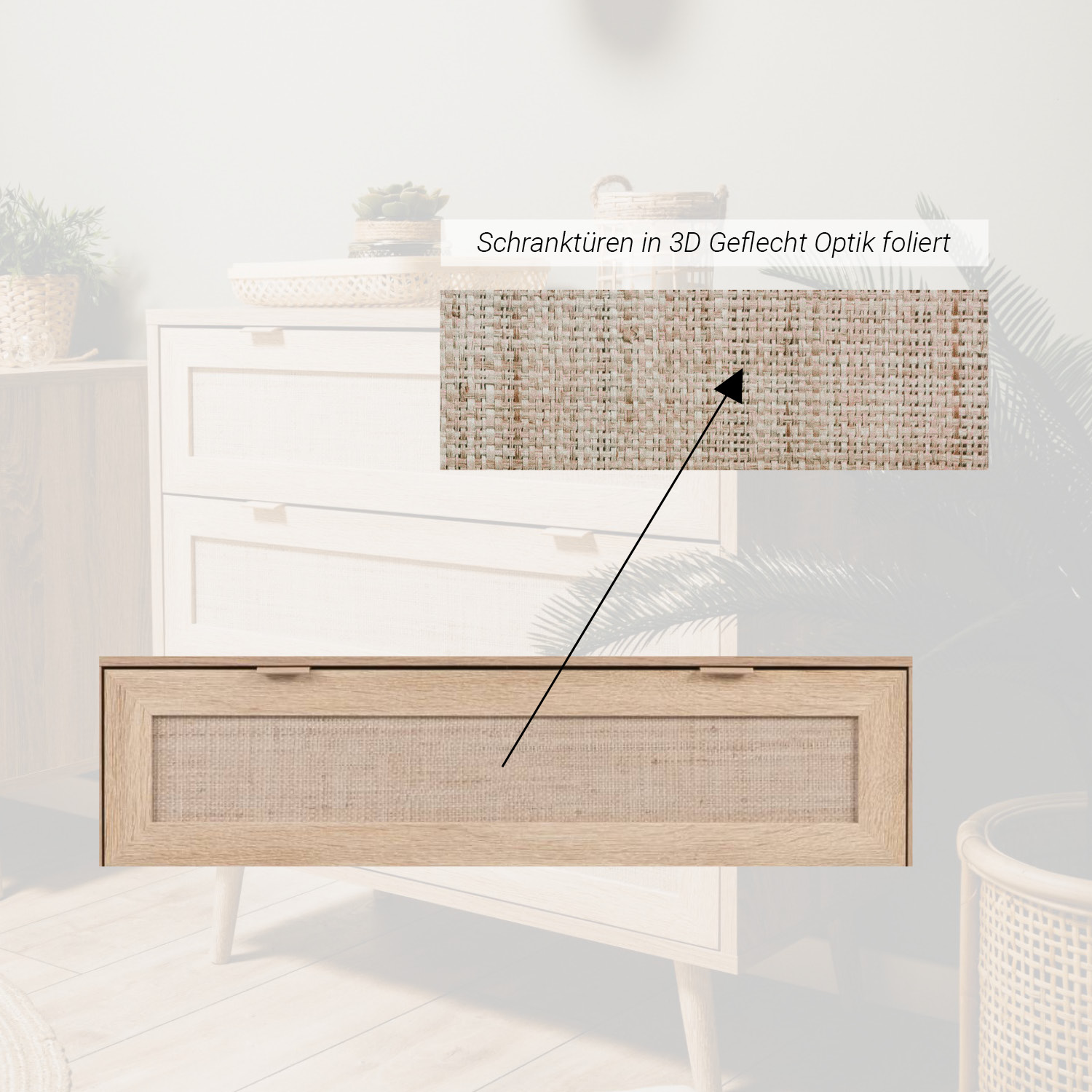 Sideboard Cabinet Wood Brown Rafia Living Room Bed Room Furniture with Drawers