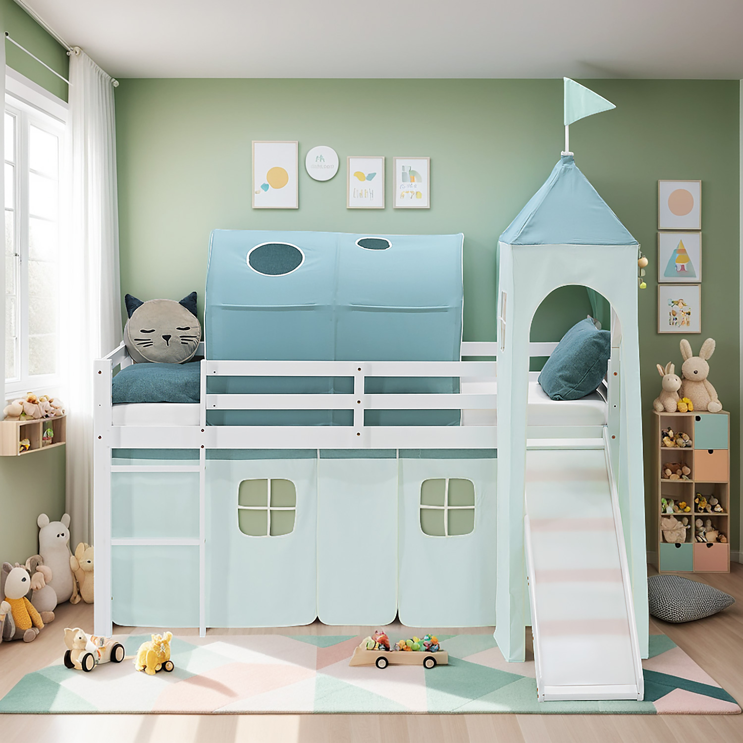 Loft Bed for Kids 90x200 cm White with Curtain in Mint Green | Slide | Tower | Tunnel | with Slatted Frame and Mattress