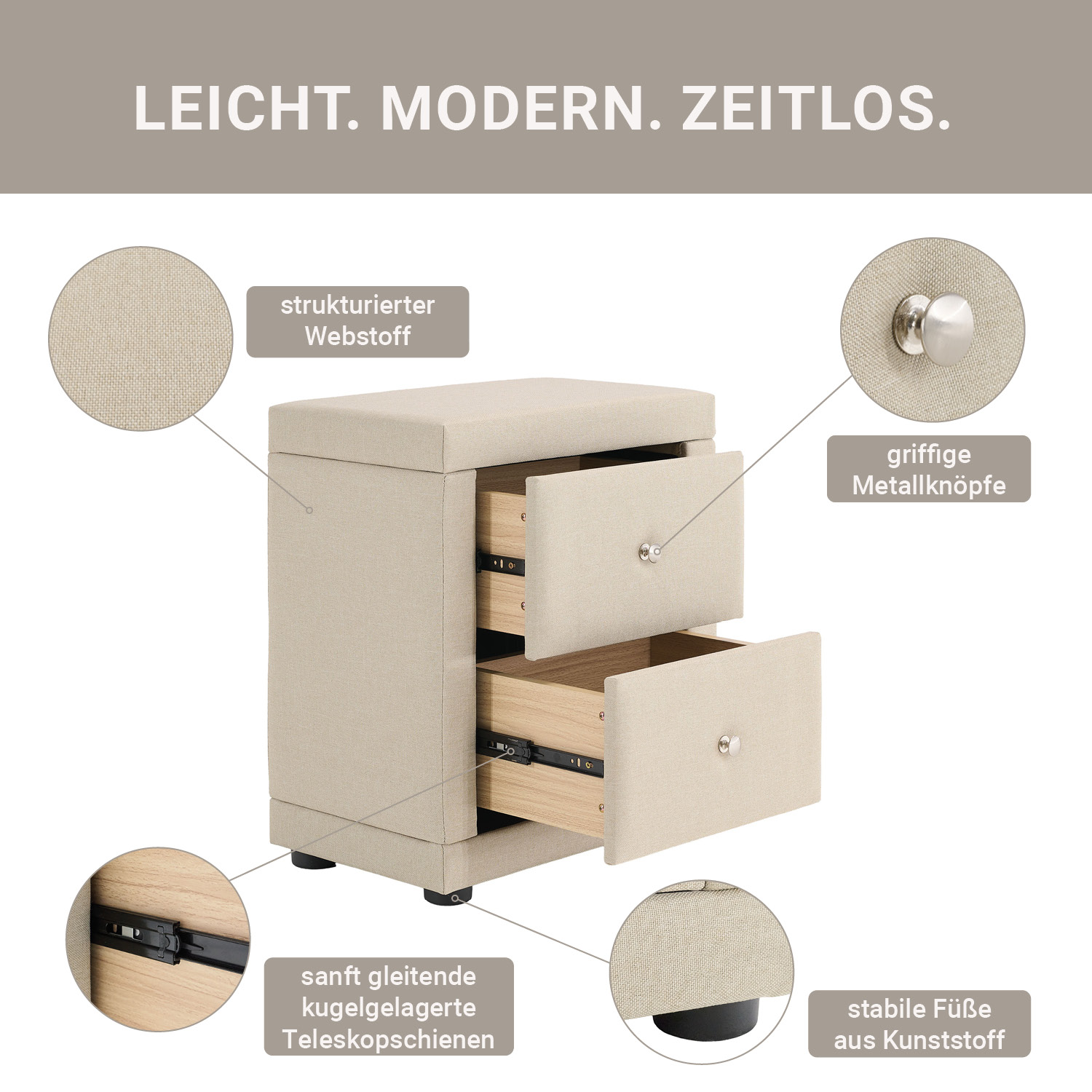 Bedside table Nightstand bedroom 2 Chest drawers Side table Beige fabric