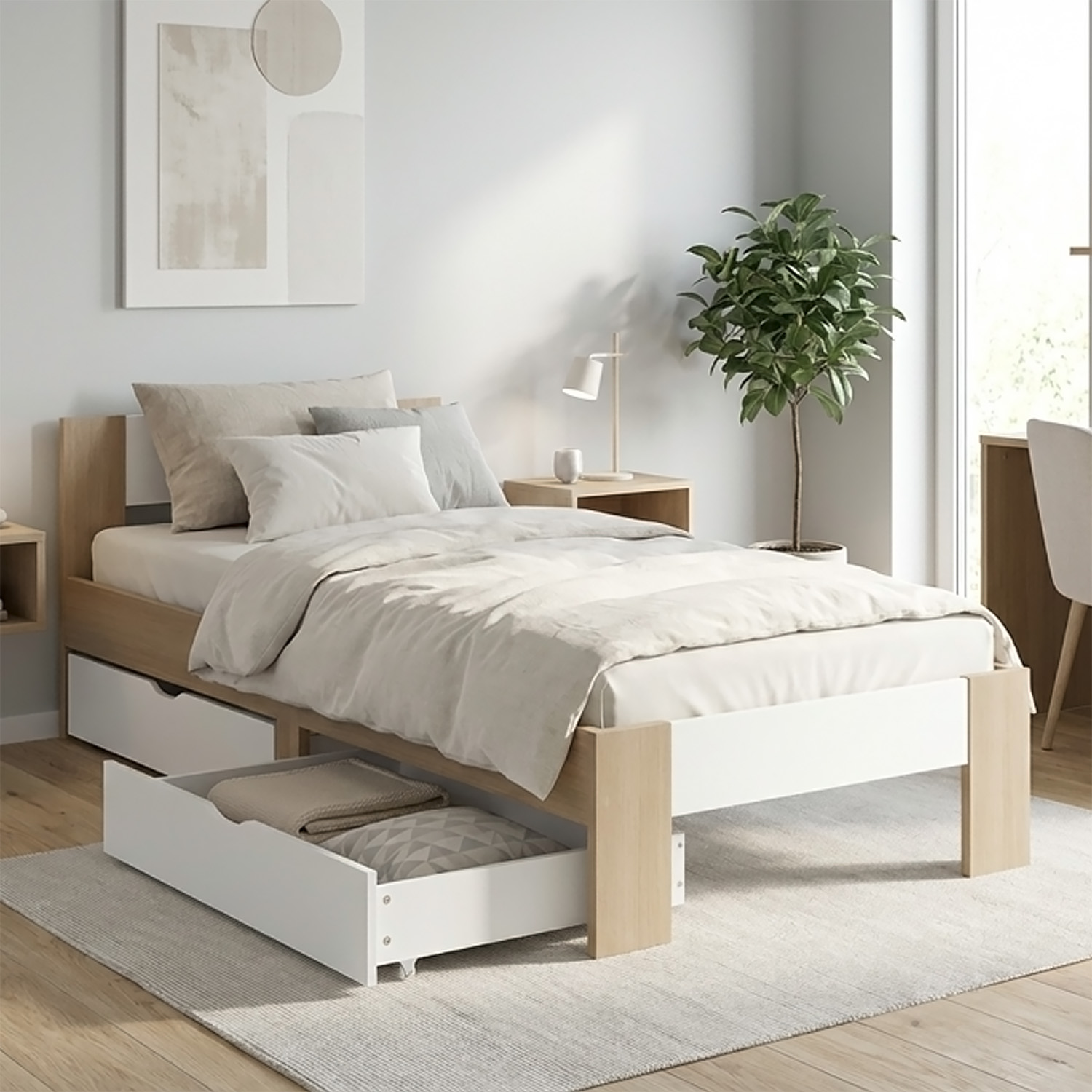 Holzbett 90x200 mit 2 Bettkästen Bett Eiche Braun Weiß Holz Bettgestell Jugendbett Einzelbett Matratze Lattenrost
