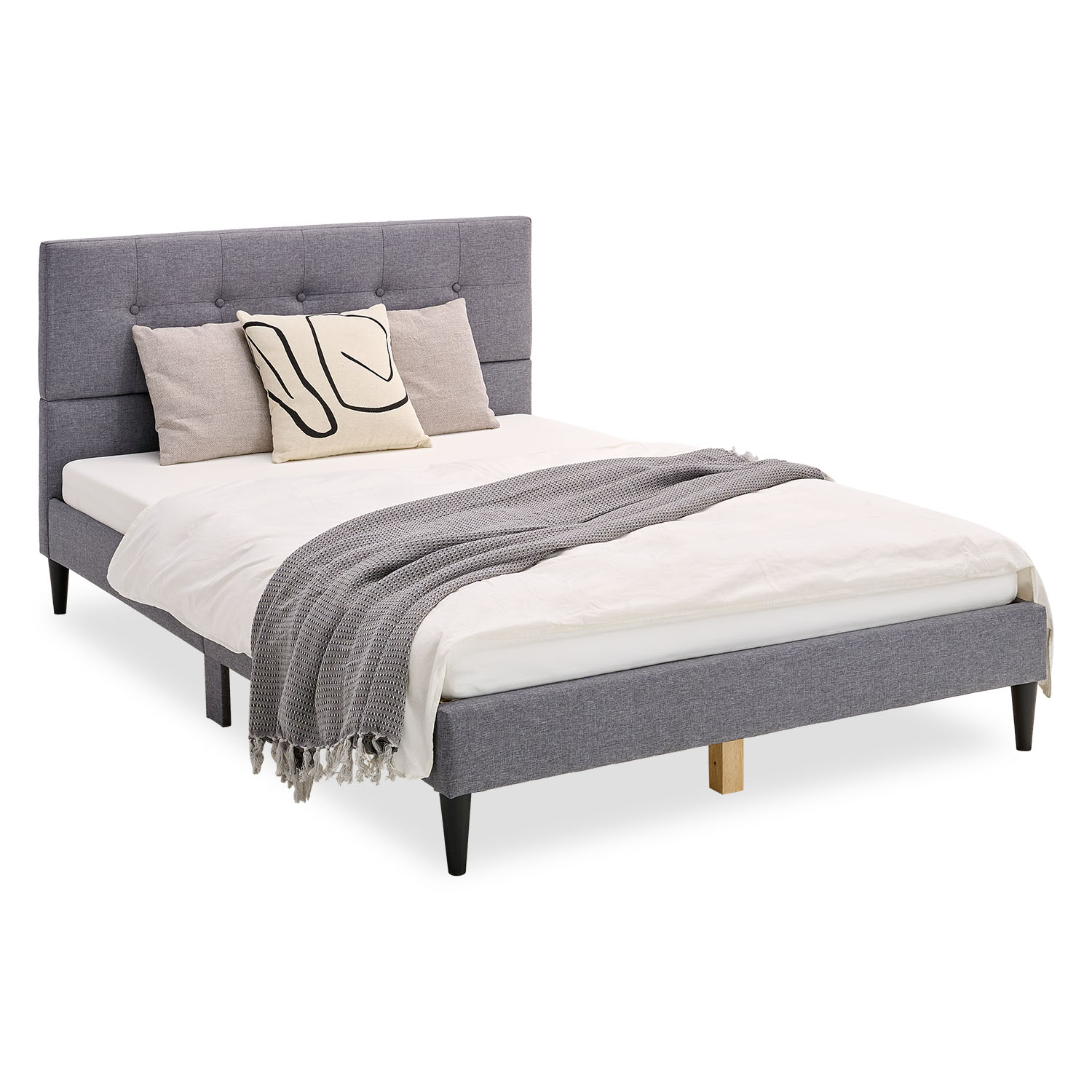 Elegant grey upholstered bed with tufted headboard and solid wood legs ? modern design for any bedroom
