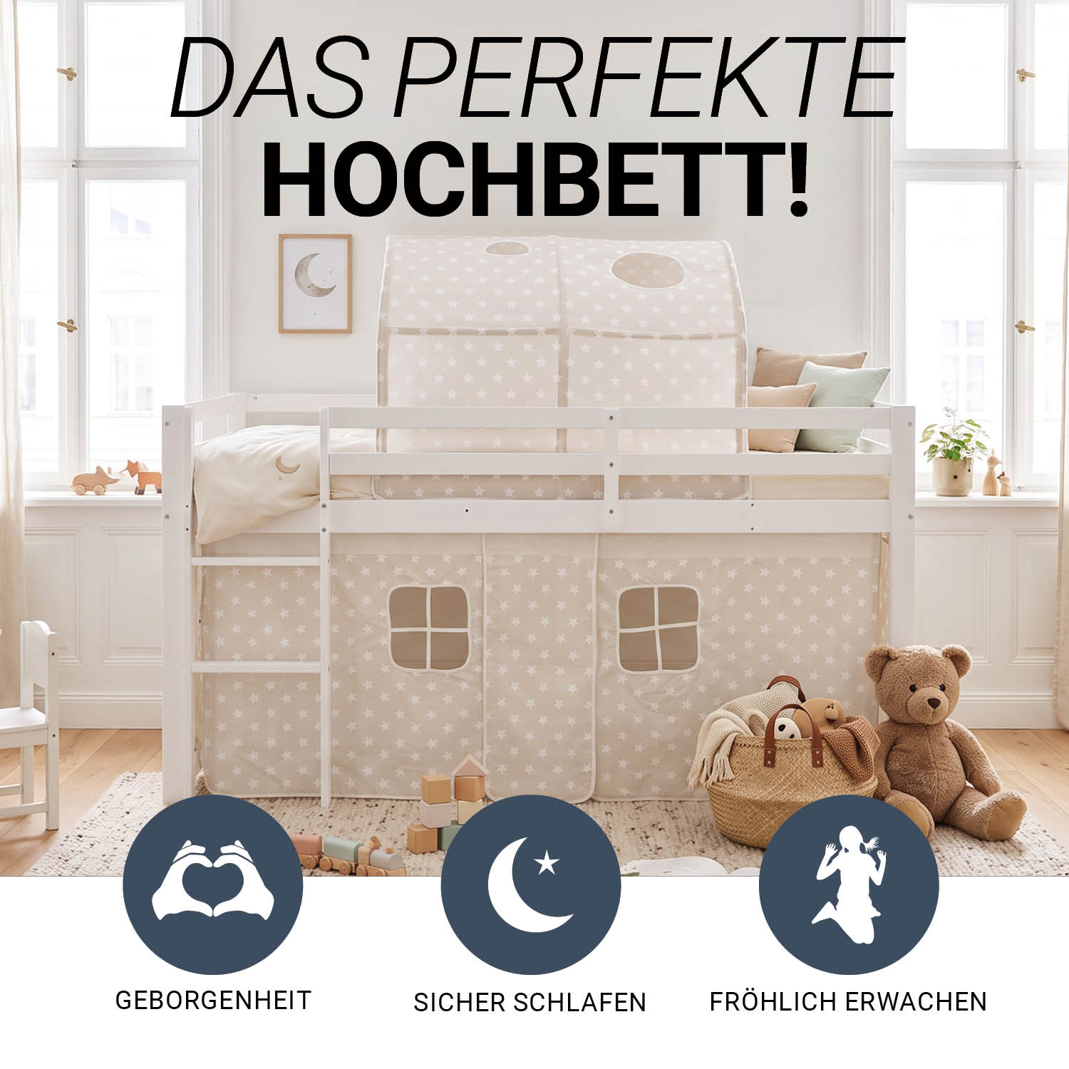 Children's Loft Bed 90x200 cm White with Star Curtain | Tunnel | Without Slatted Base