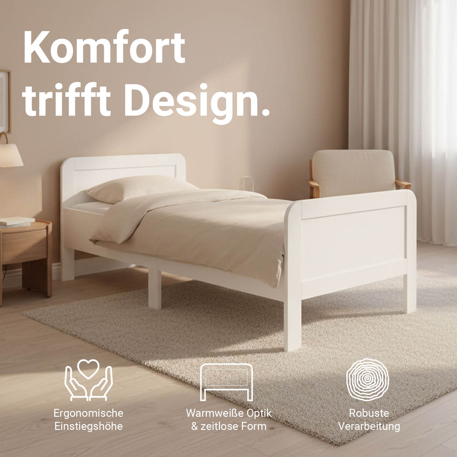 Comfort Bed 90x200 cm White | Senior Bed Height Adjustable with Slatted Frame | Single Bed | Wood