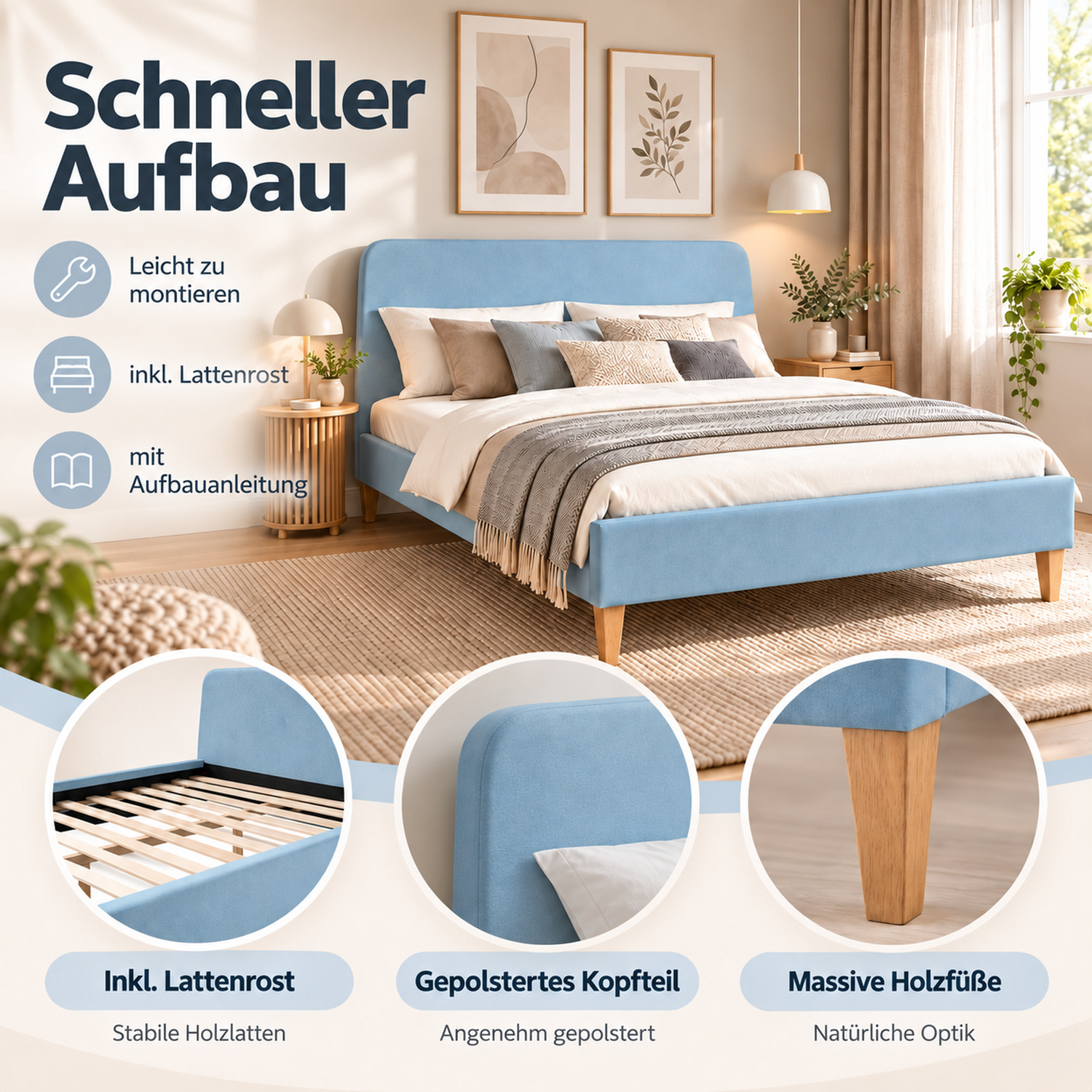 Upholstered bed 140x200 cm light blue | with slatted frame | double fabric bed frame