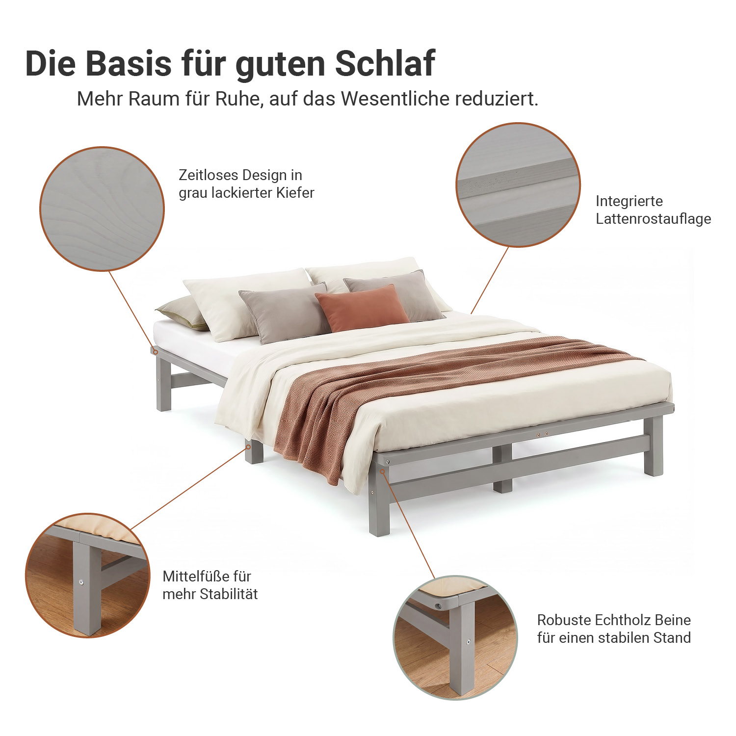 120x200 cm Grey Pallet Bed – Wooden Double Bed with Mattress & Slatted Base for Teen Rooms, Guest Rooms, and Bedrooms