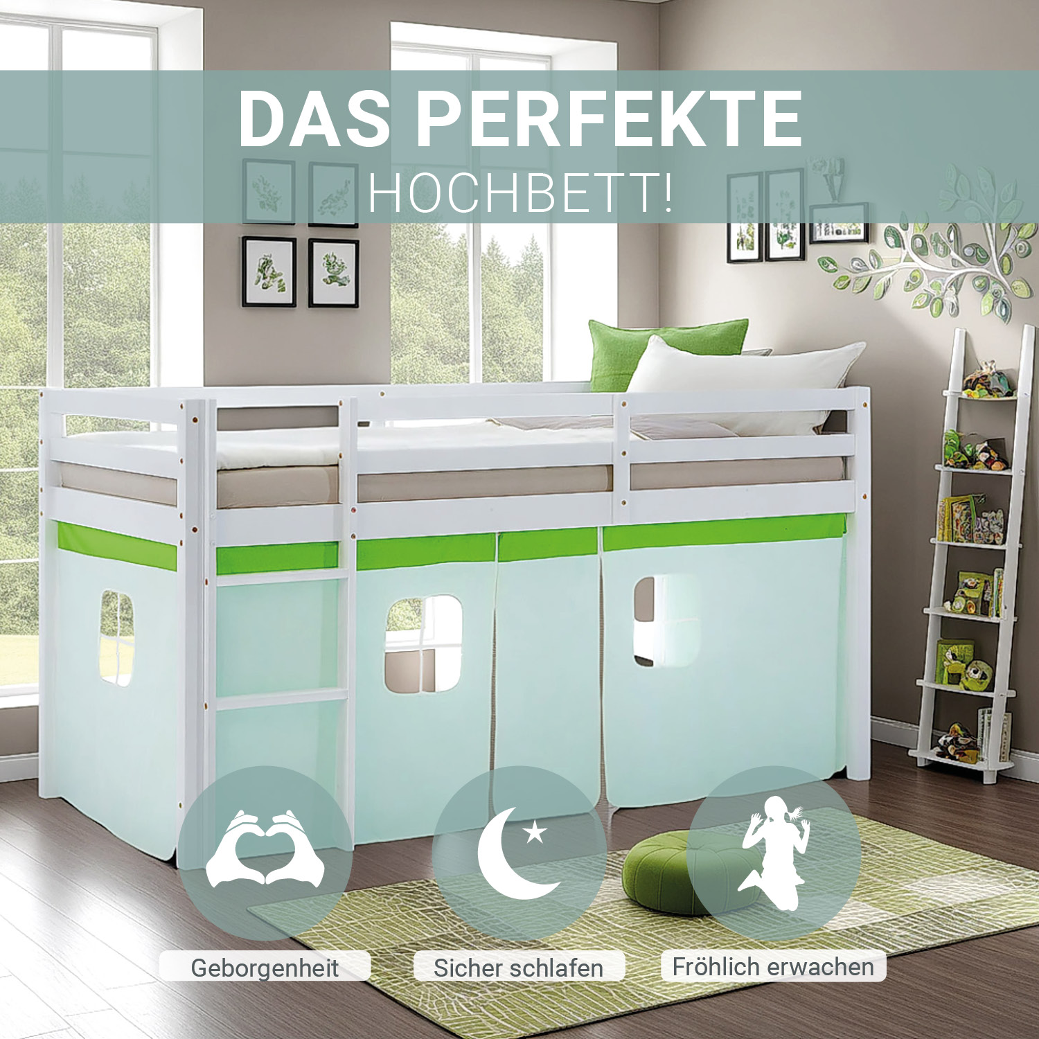 Children's Loft Bed 90x200 cm White with Green Curtain | Includes Slatted Base and Mattress