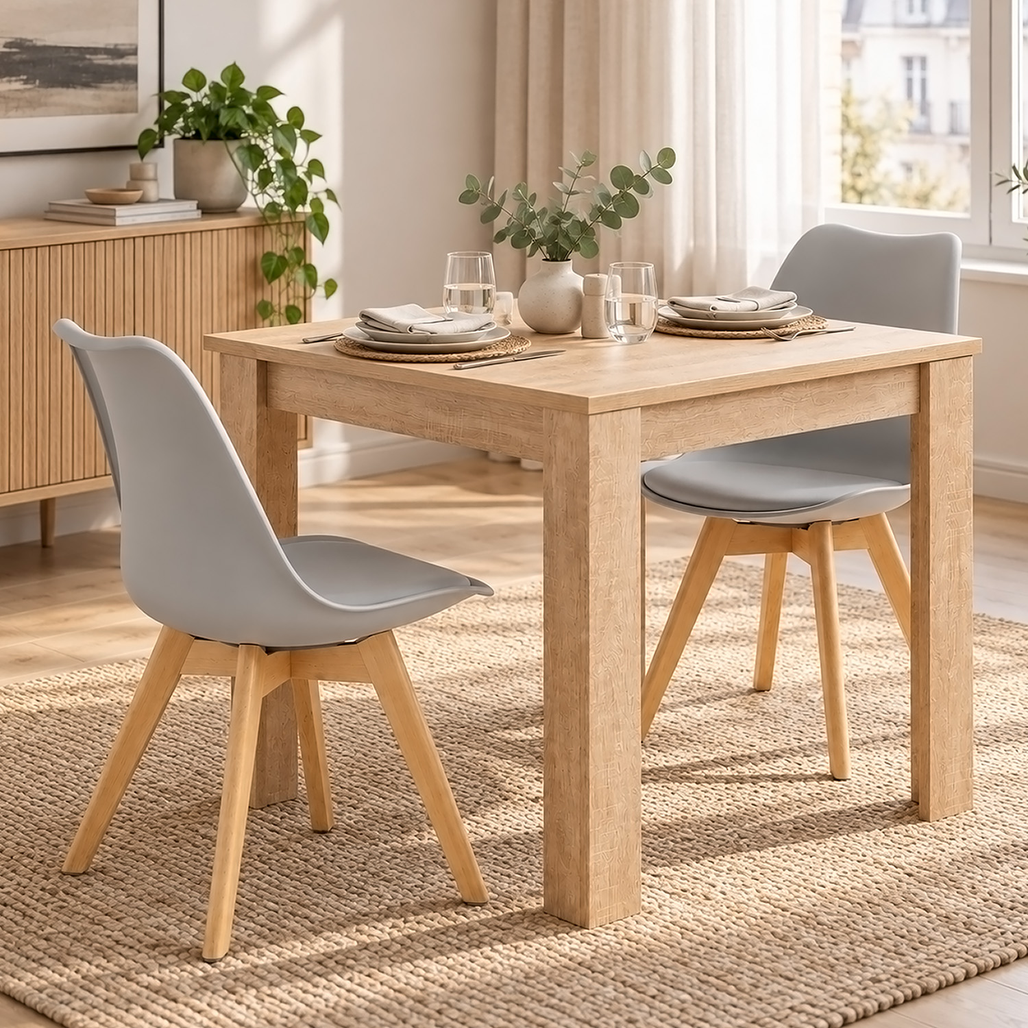 Dining Set (3-Piece): 80x80 cm oak dining table with 2 grey plastic chairs and wooden legs