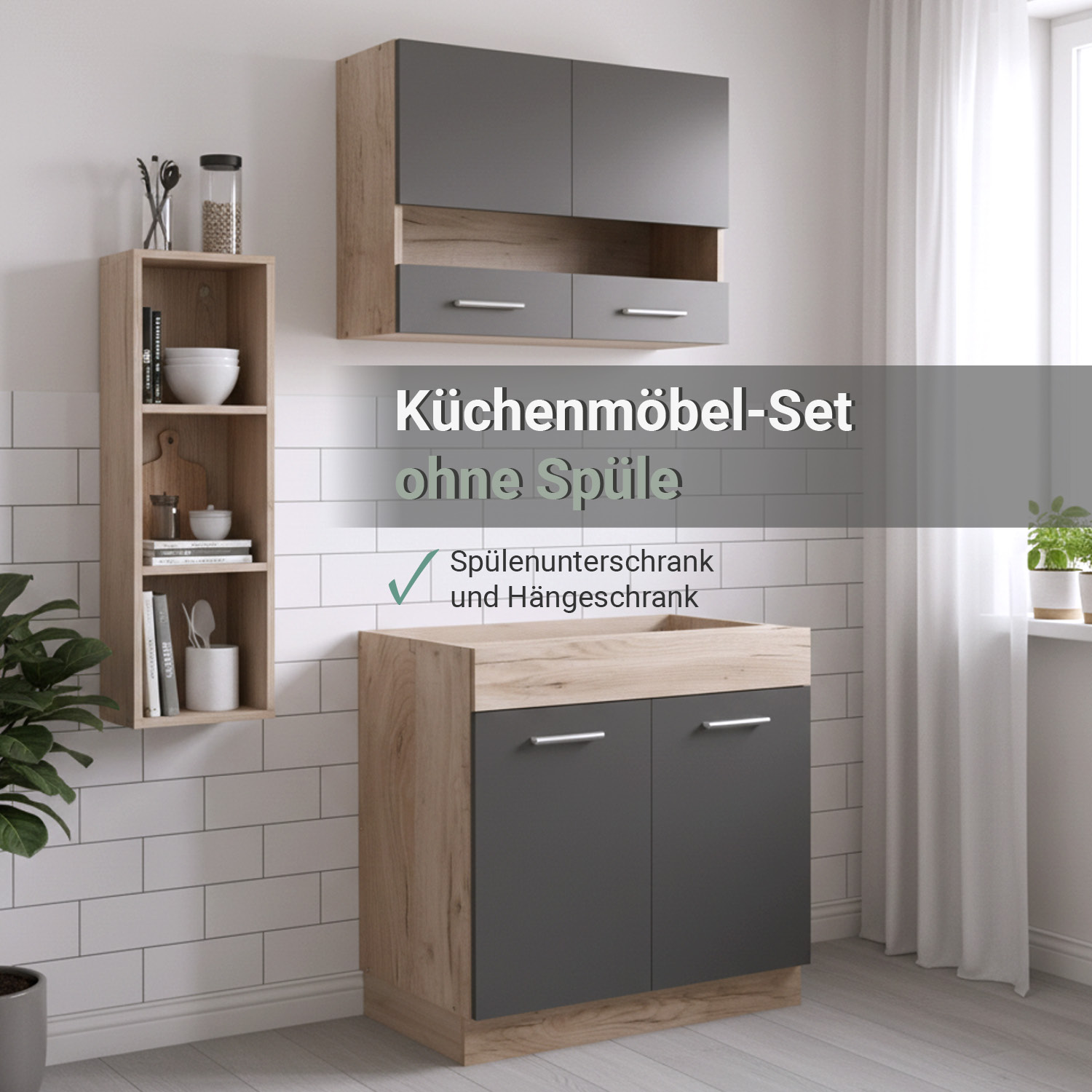 80 cm Kitchen Unit Grey & Oak – Mini Kitchen with Cabinet Elements, Without Sink and Appliances