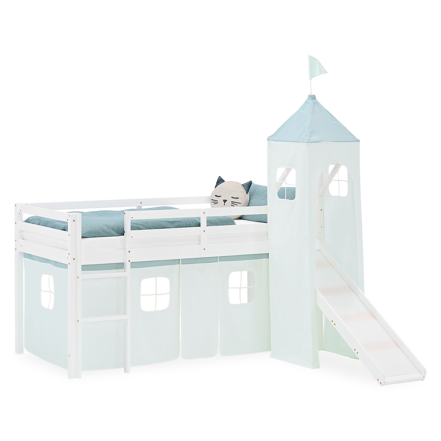 Hochbett Kinder 90x200 cm Kinderbett Kinderhochbett Stockbett Tunnel Vorhang Turm Mint Grün Rutsche Holz Massiv Lattenrost Matratze