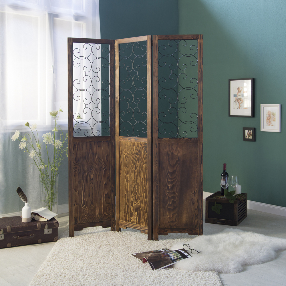 Paravent Brown with Decorations | 3-panel | Wood | Room Divider Partition Privacy Screen
