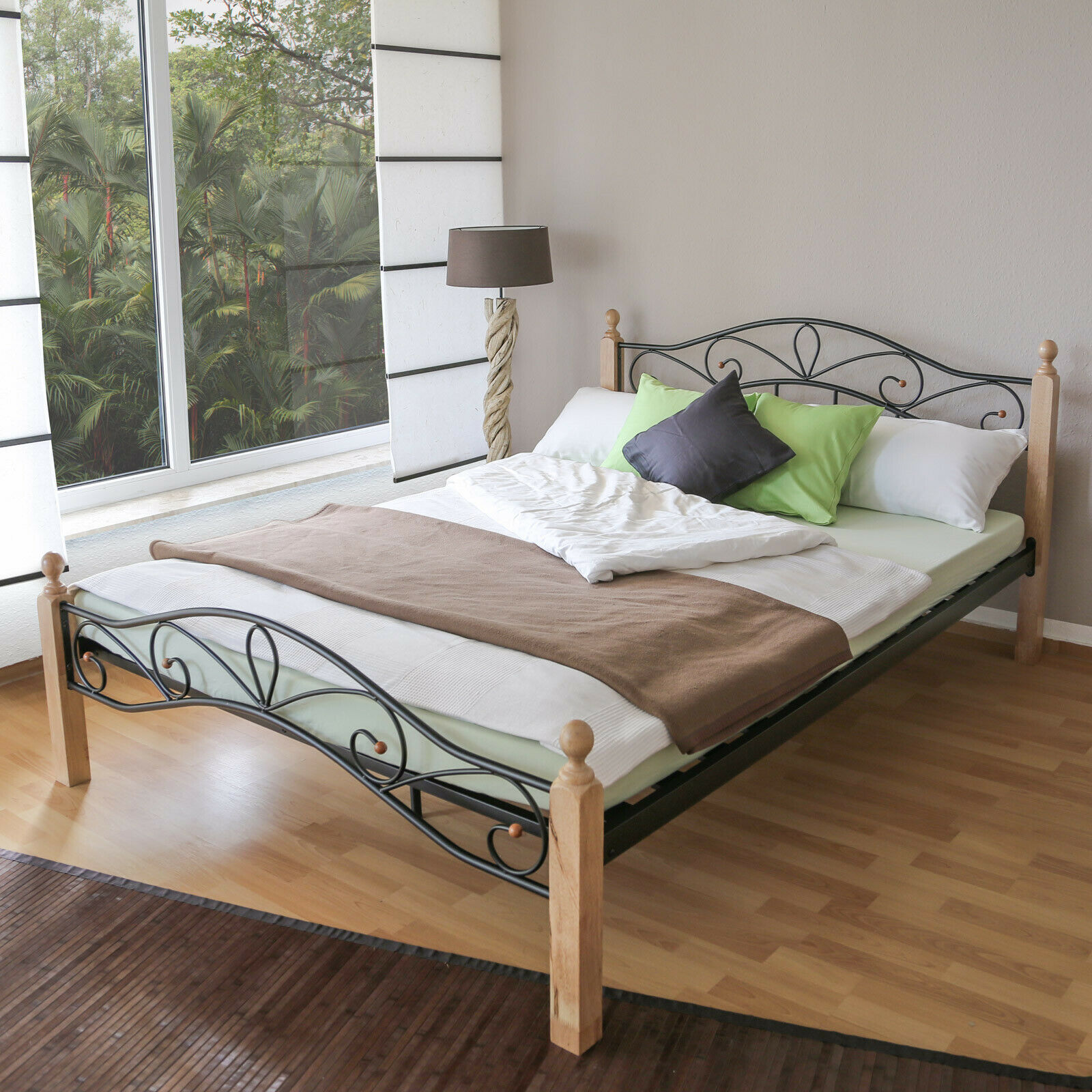 Metal Bed Iron Bed Double 160 x 200 Wood Slatted black natural bed frame 920 Metal Bed Iron Bed Double 160 x 200 Wood Slatted black natural bed frame 920
