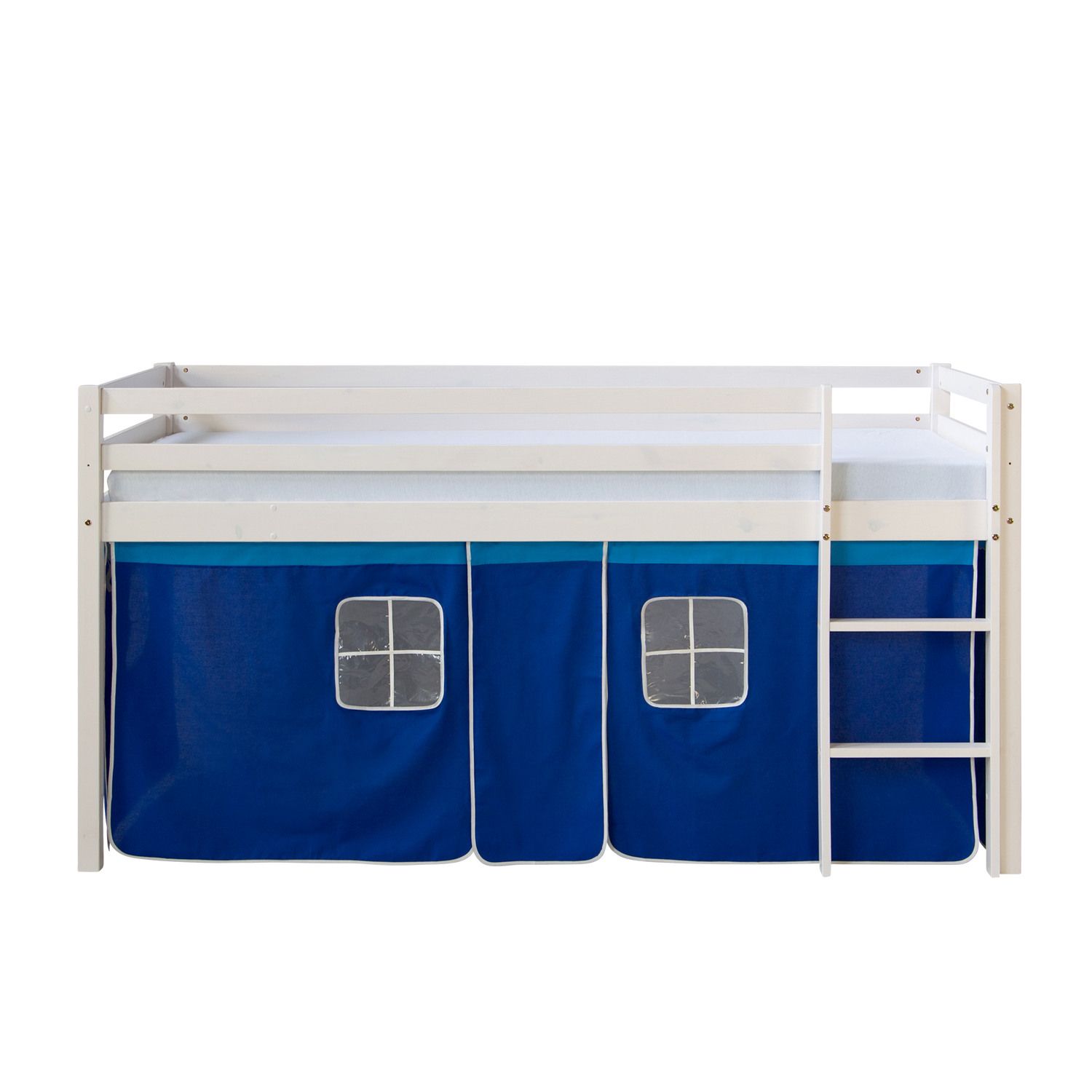 Hochbett mit Lattenrost 90x200 cm Spielbett Kinderbett Leiter Holz Kiefer Vorhang Blau Jugendbett