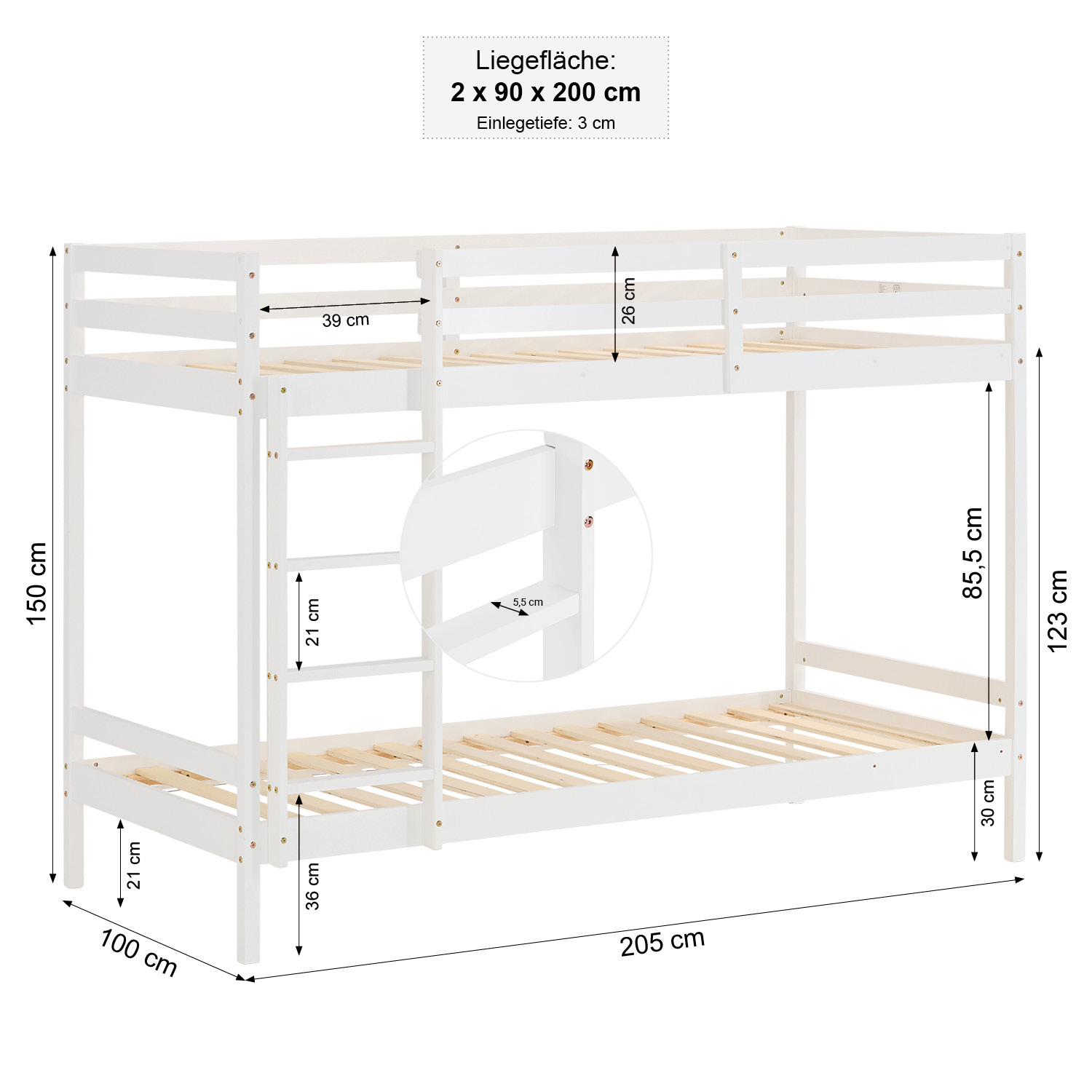 Bunk bed with 2 matresses Children bed 90x200 cm wooden Kids bed High sleeper White Slats