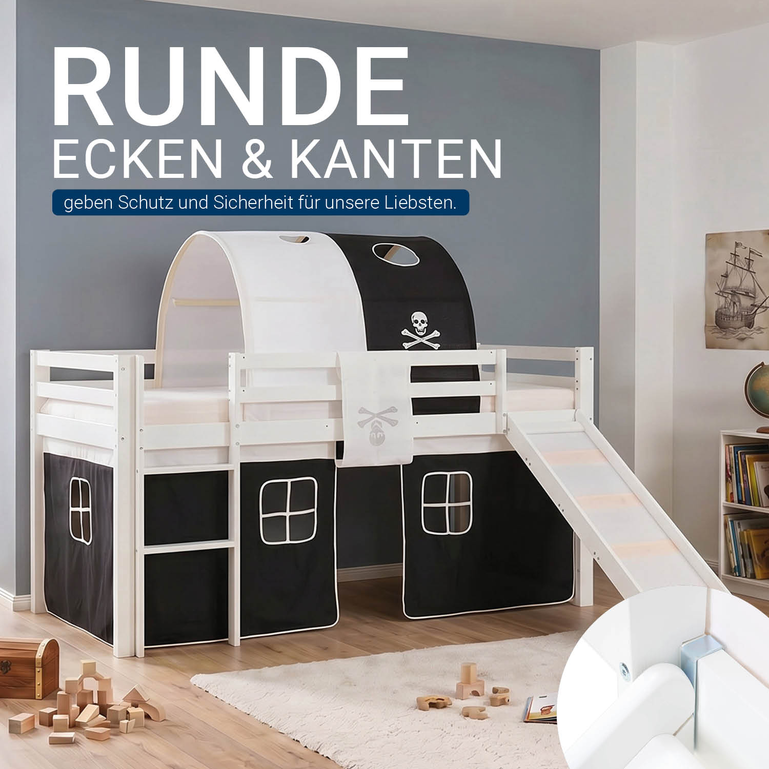 Children's Loft Bed 90x200 cm White with Black Curtain | Tunnel | Slide | Without Slatted Base | Pirate | Boys
