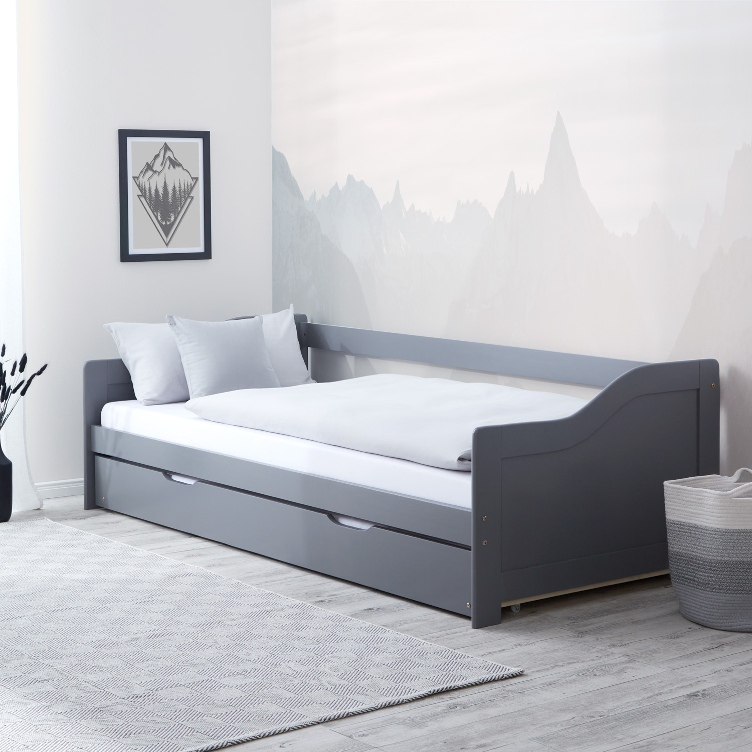 Guest bed Wooden bed 90x200 cm White Gray Natural Daybed Pull-out bed Youth bed Pull-out bed Functional bed 2 mattresses