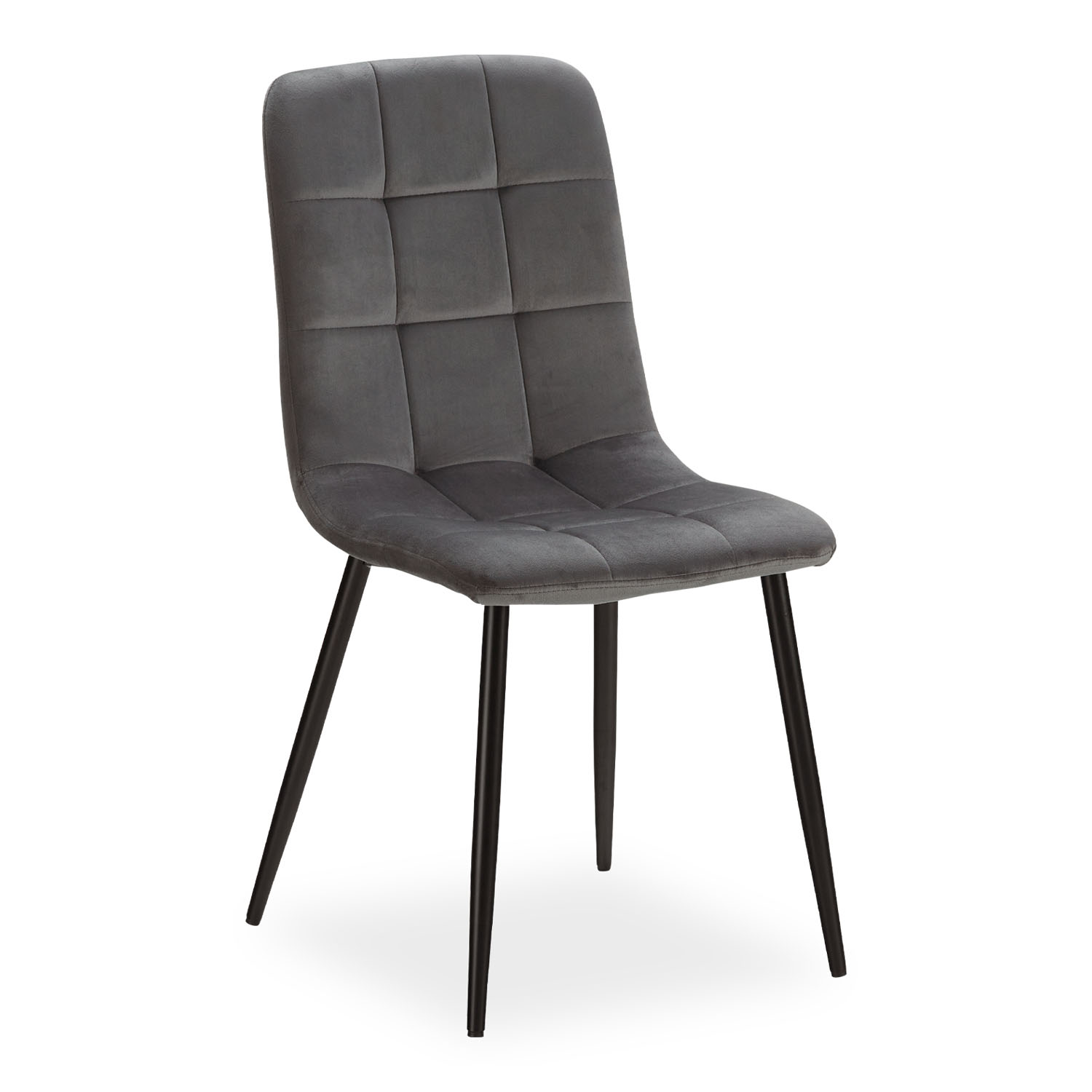 Moderner Esszimmerstuhl mit dunkelgrauer, gesteppter Polsterung und schwarzen Metallbeinen – ideal für Esszimmer, Küche oder Home-Office.