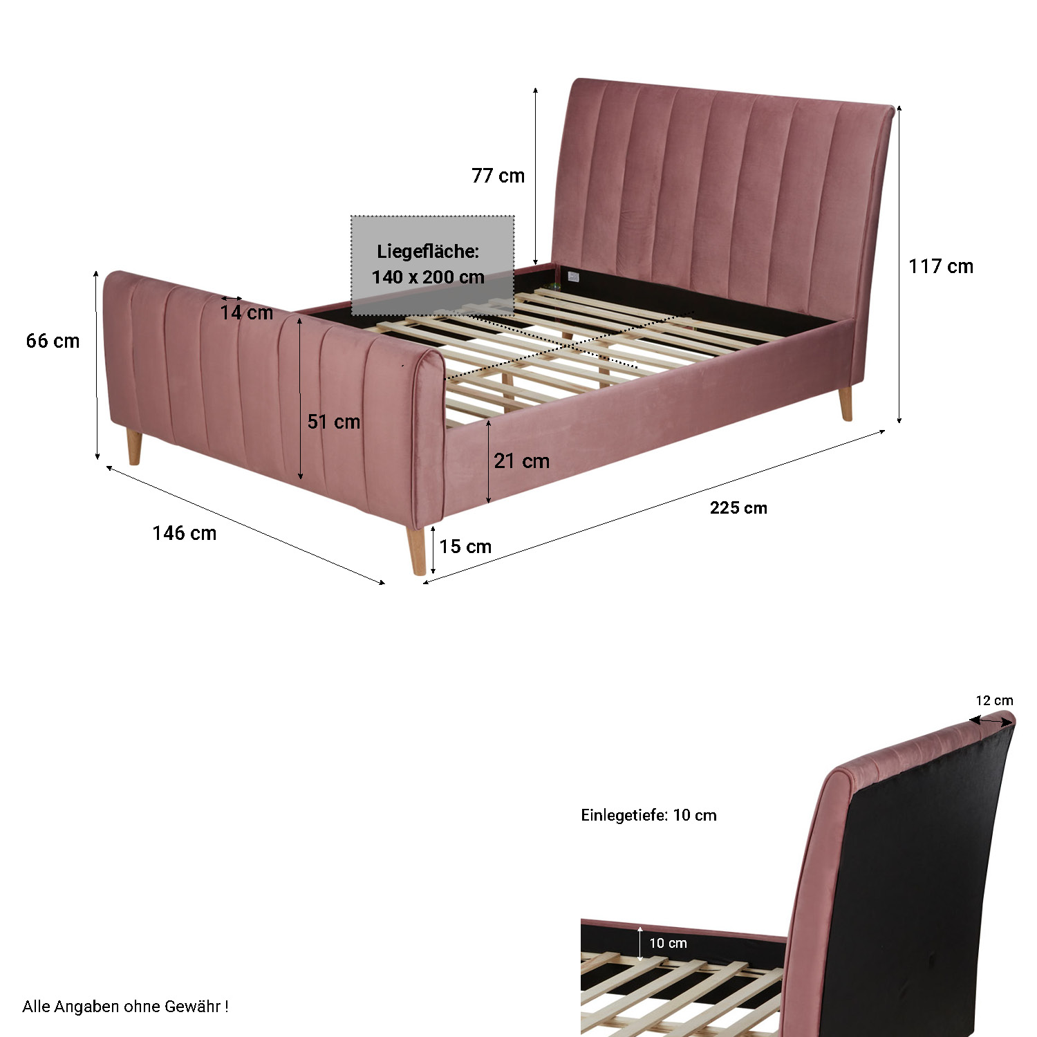 Polsterbett Samt Pink Grau 140 x 200 cm mit Lattenrost Doppelbett Stoffbett Bettgestell 