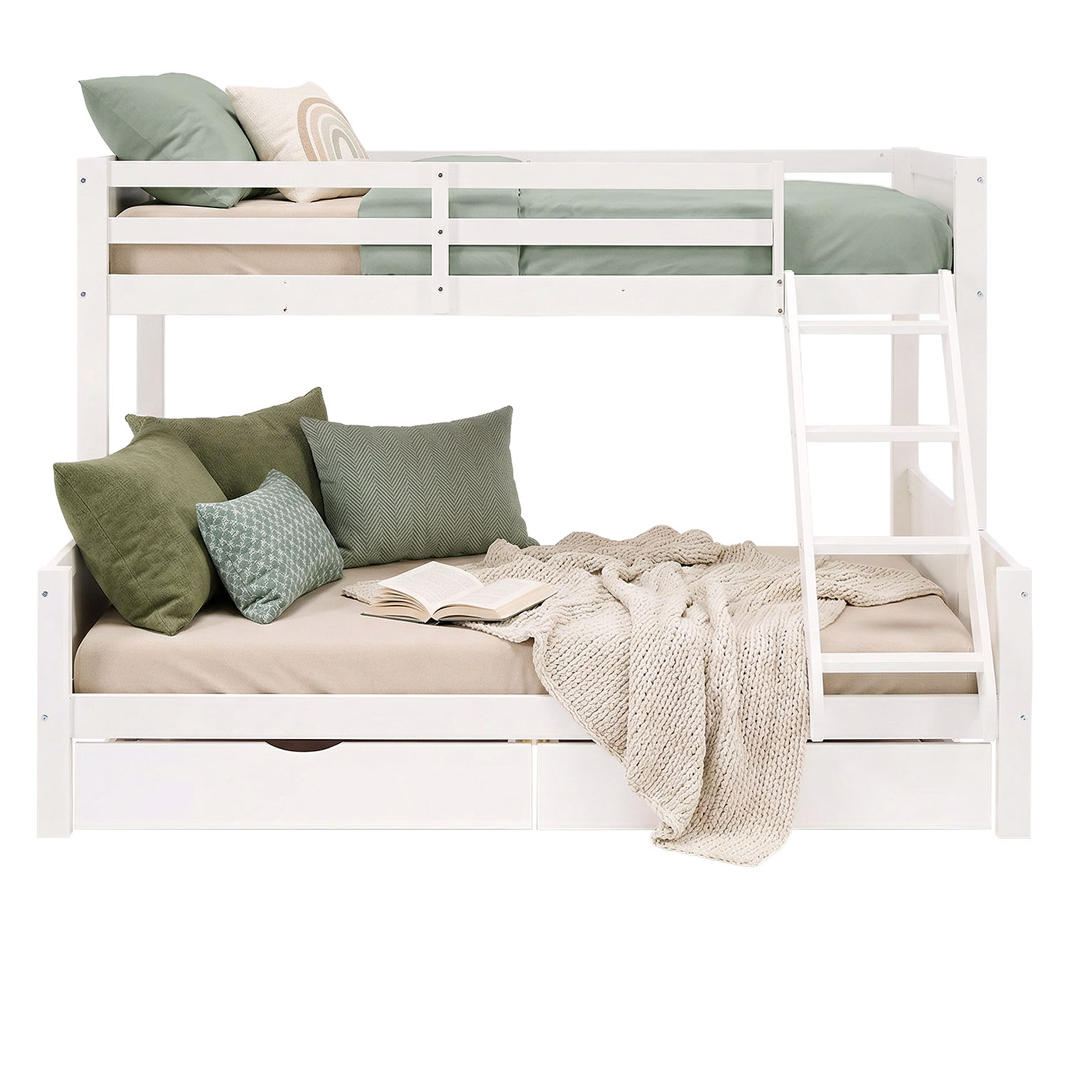Bunk Bed with 2 Sleeping Surfaces 90x200 cm and 140x200 cm, White | with 2 Underbed Drawers | with Slatted Base