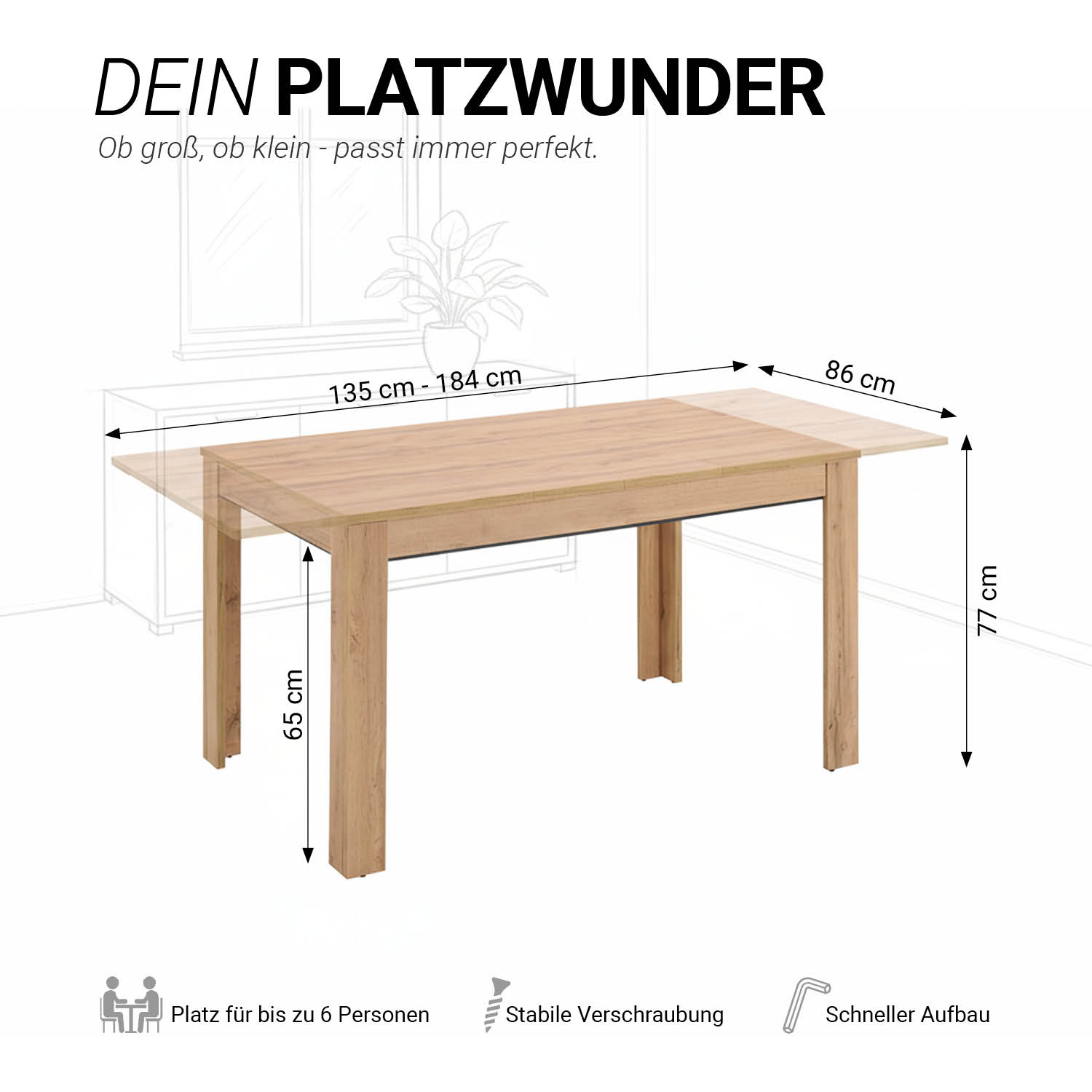 Modern Dining Table Kitchen Table Wooden Table 135x86 cm Wotan Oak 8 Seater Extendable