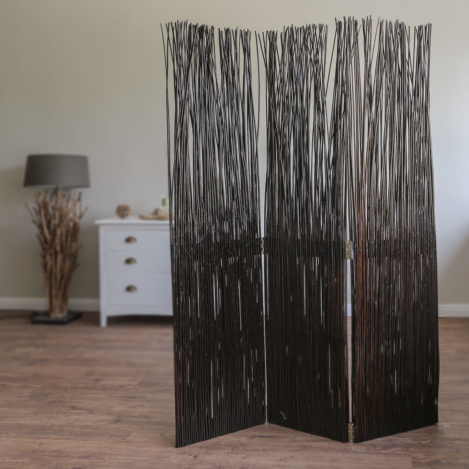 Paravent room divider 3 parts wood partition wall privacy screen brown nature grey