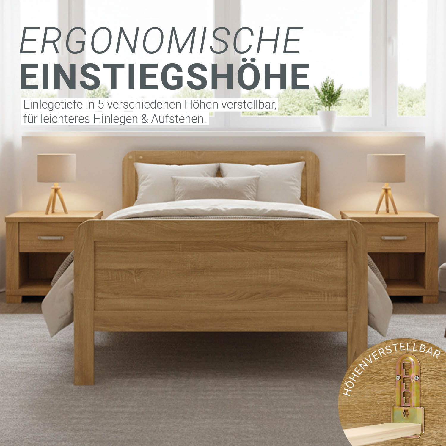 Comfort Bed 120x200 cm Natural | Senior Bed Height Adjustable | Single Bed | Wood | without Slatted Frame
