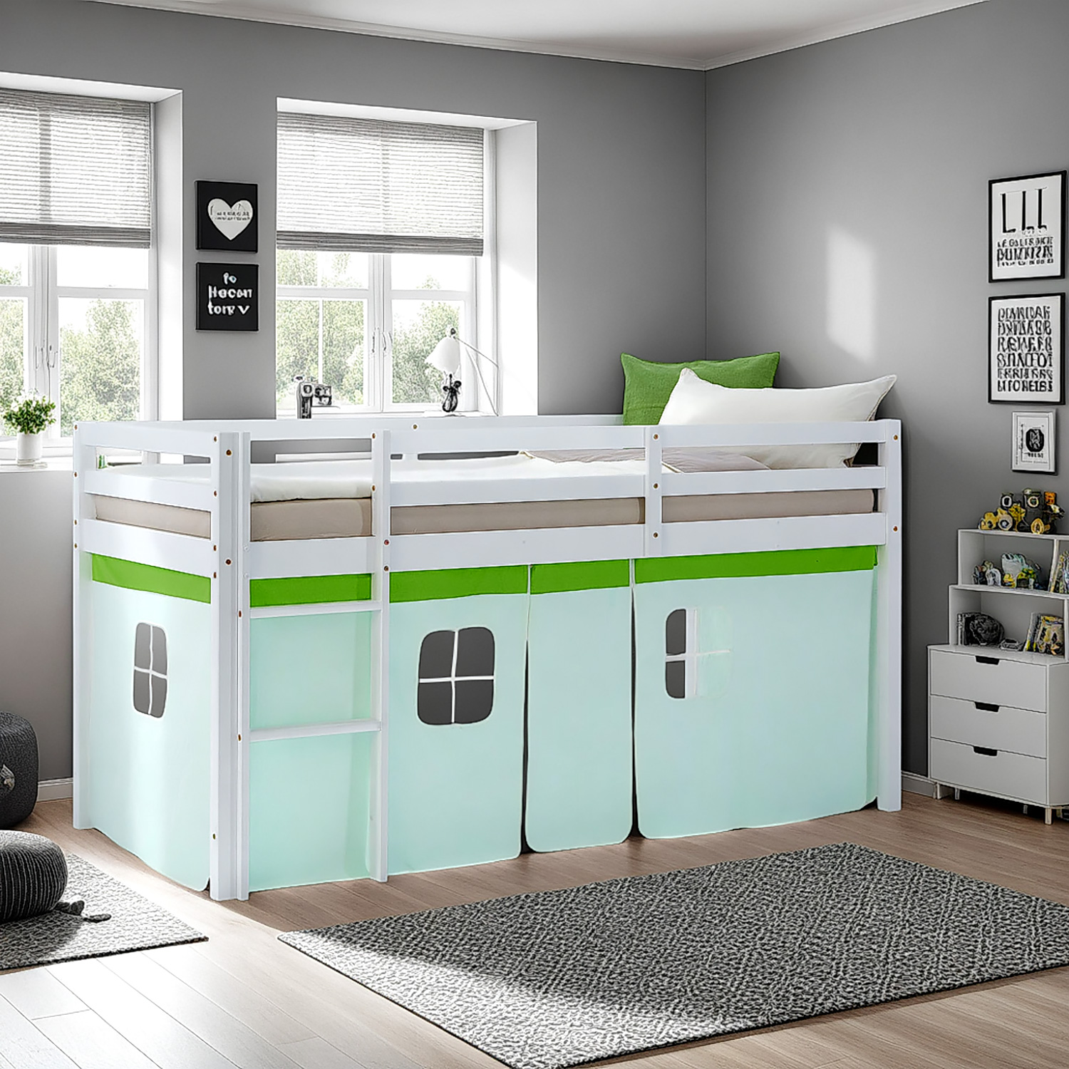 Loft Bed for Kids 90x200 cm White with Curtain in Green | with Slatted Frame and Mattress
