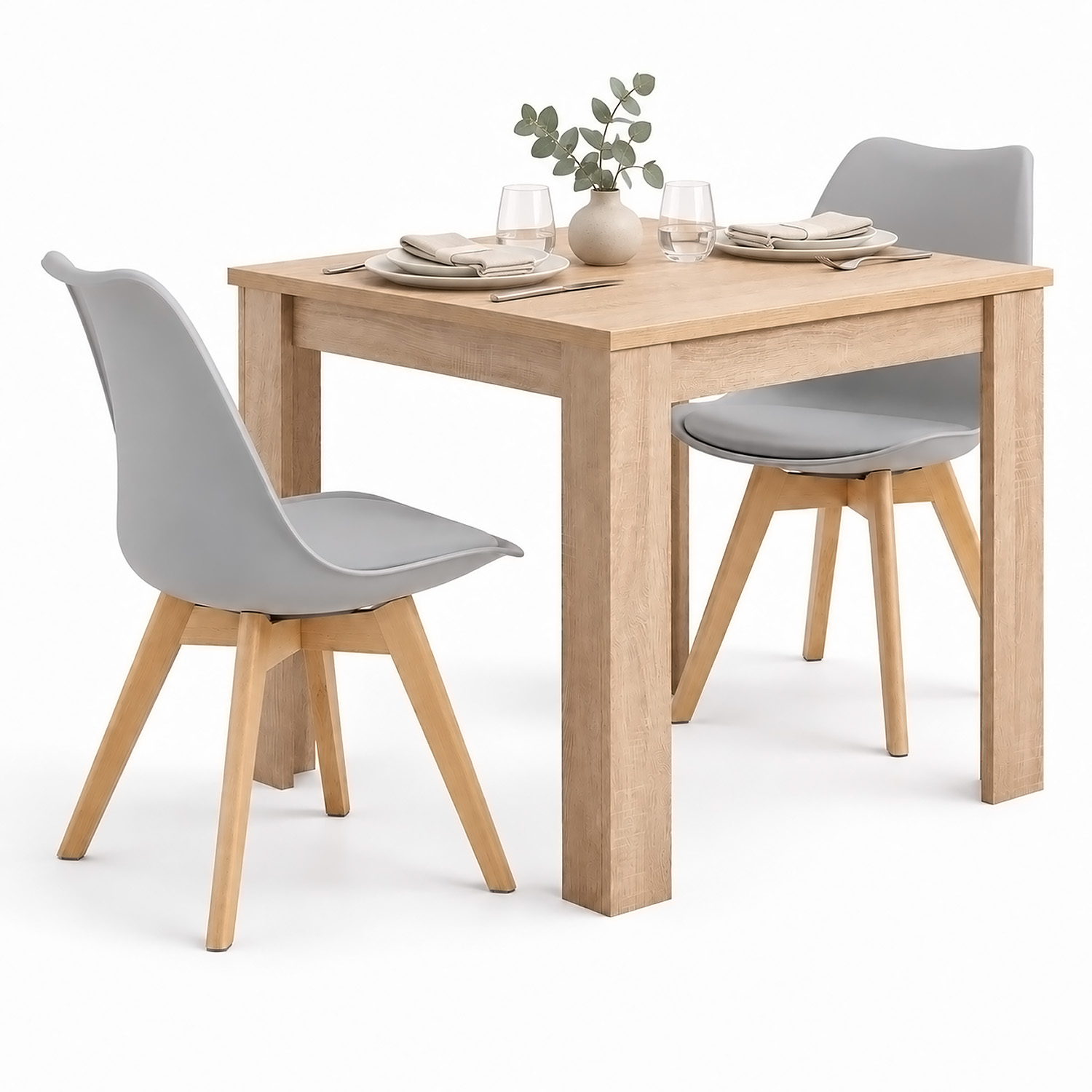 Dining Set (3-Piece): 80x80 cm oak dining table with 2 grey plastic chairs and wooden legs